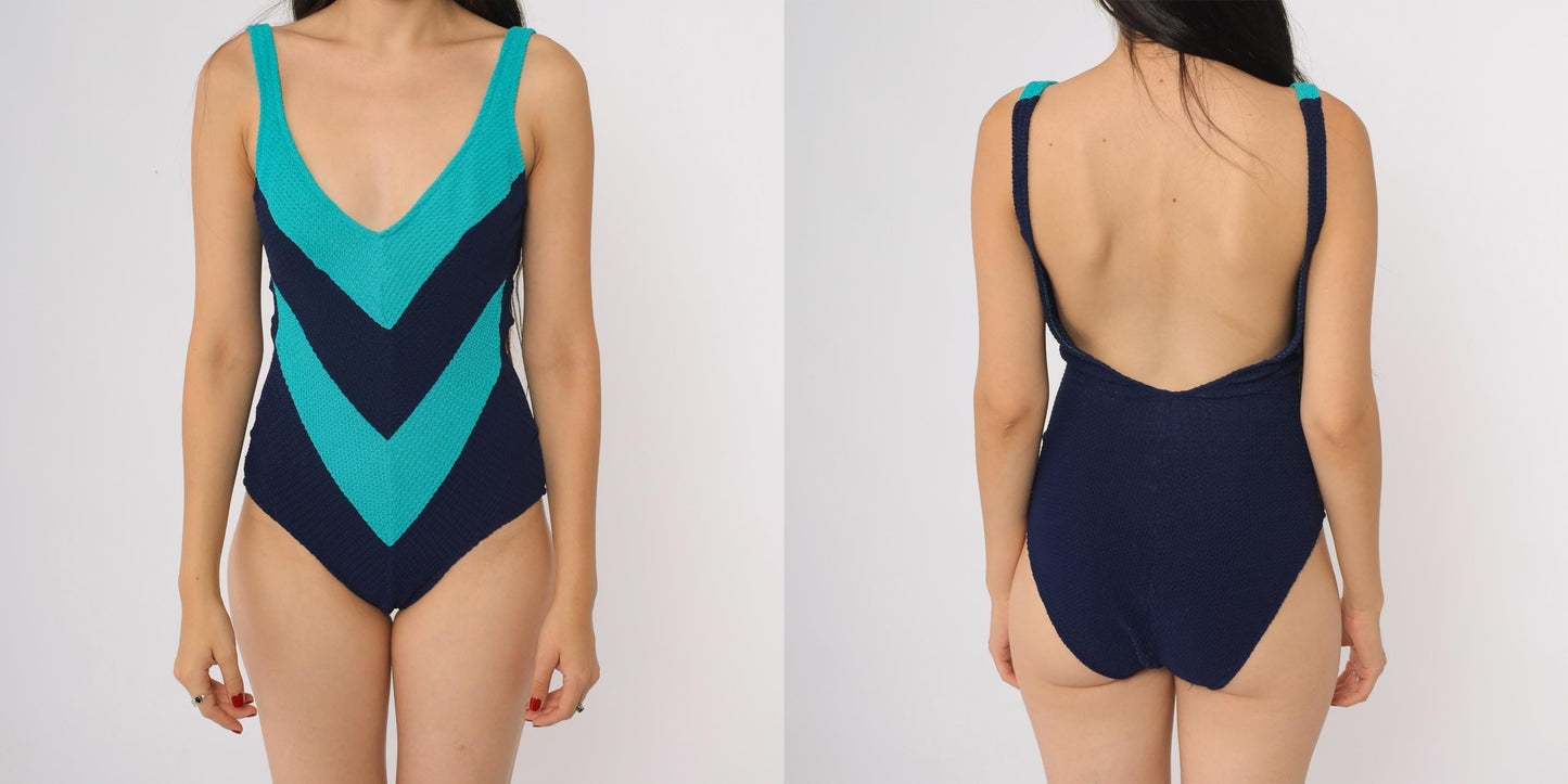 90s Lee Beachwear Colorblock One Piece Swimsuit Teal Navy High Cut Medium M
