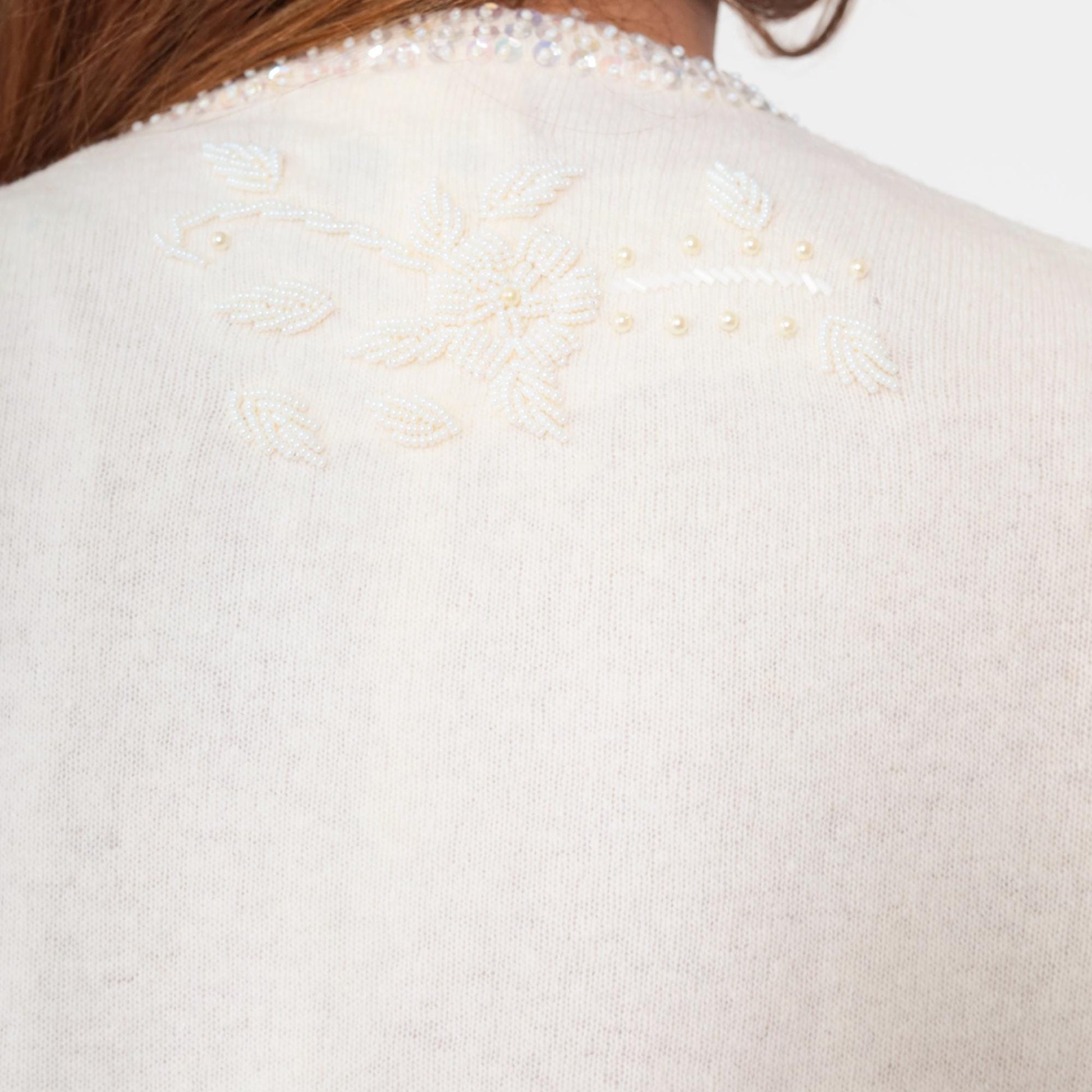 70s Cream Wool Cardigan Floral Beaded Pearl Button Sweater Small