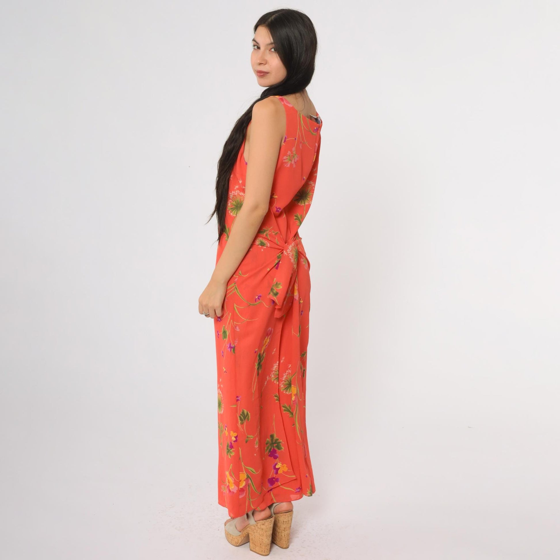 90s Coral Floral Maxi Dress Sleeveless Square Neck Tie Back Large