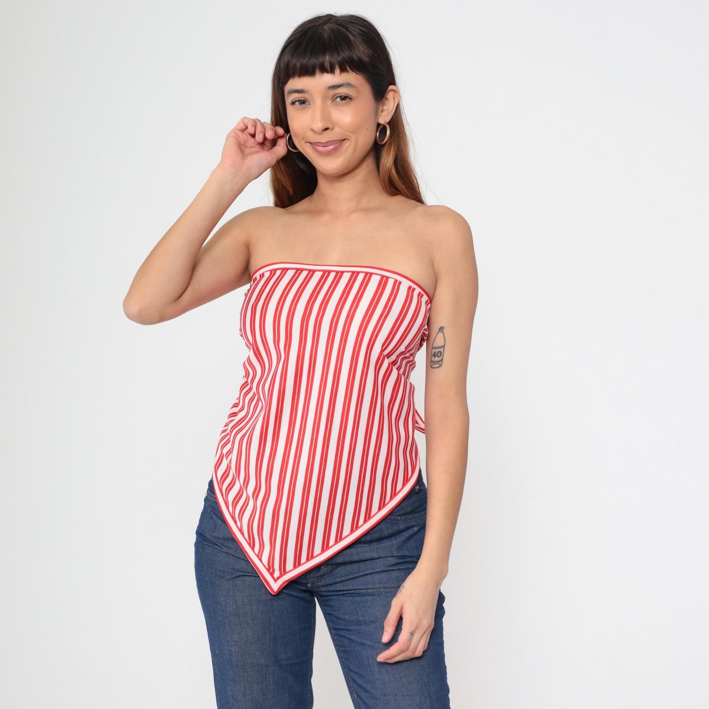70s Red White Striped Bandana Halter Top Triangle Tie-Back One Size