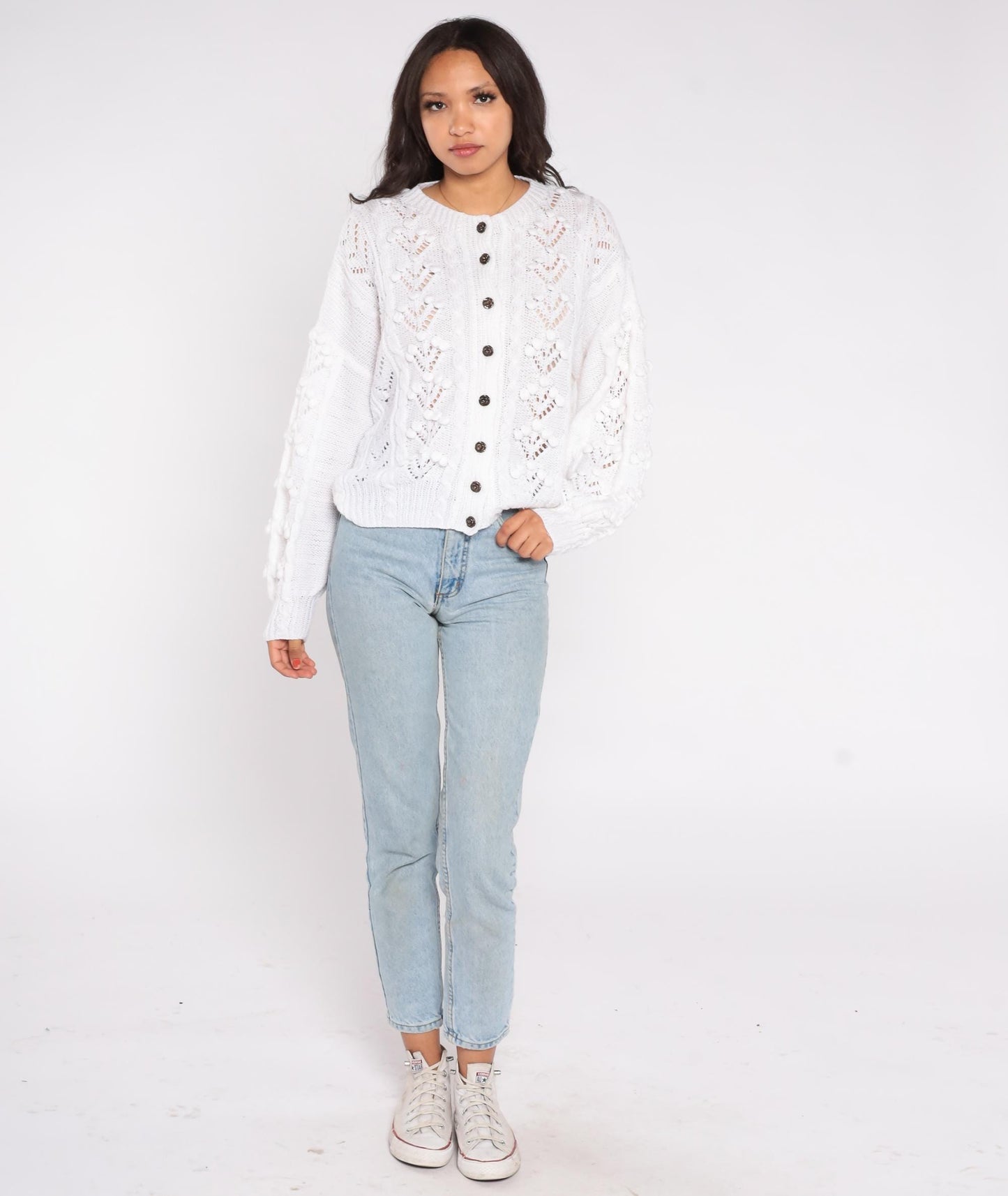 80s White Eyelet Crochet Cardigan Button-Front Scalloped Lace Large L
