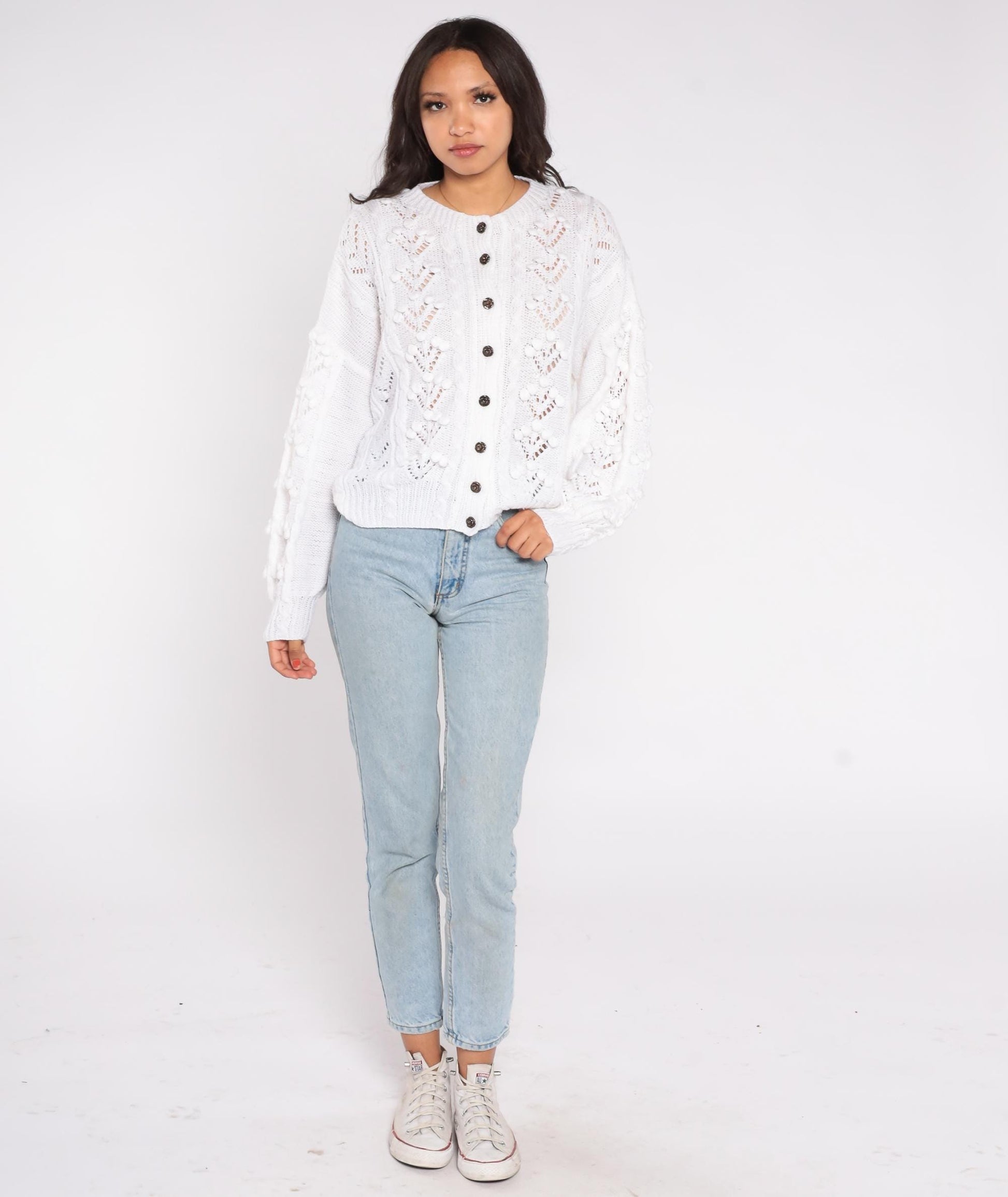 80s White Eyelet Crochet Cardigan Button-Front Scalloped Lace Large L