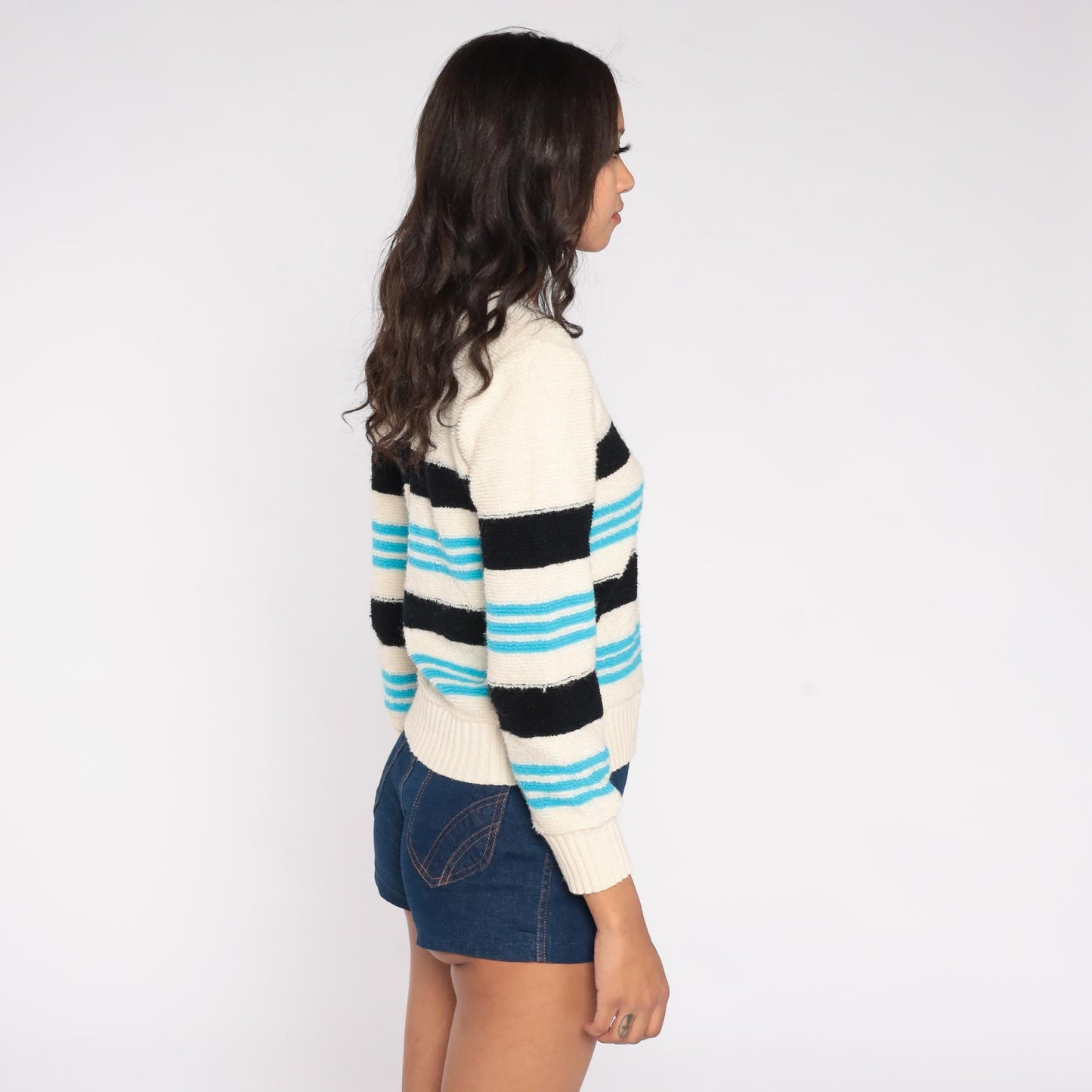 70s Originals by Julie Striped V-Neck Sweater Turquoise Navy Cream Small