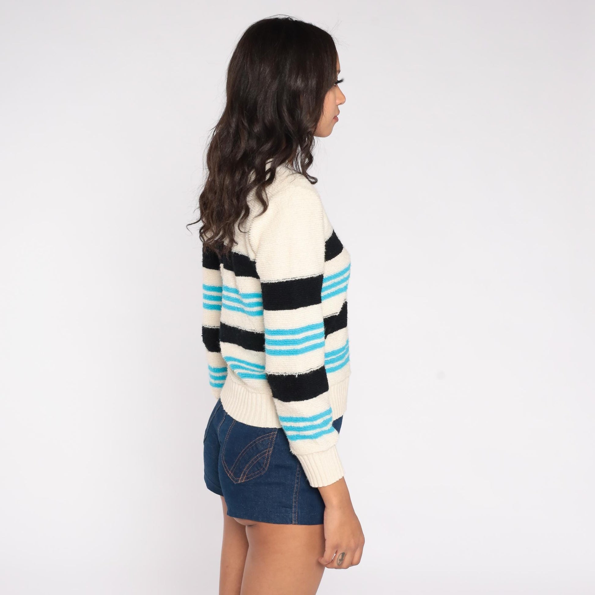 70s Originals by Julie Striped V-Neck Sweater Turquoise Navy Cream Small