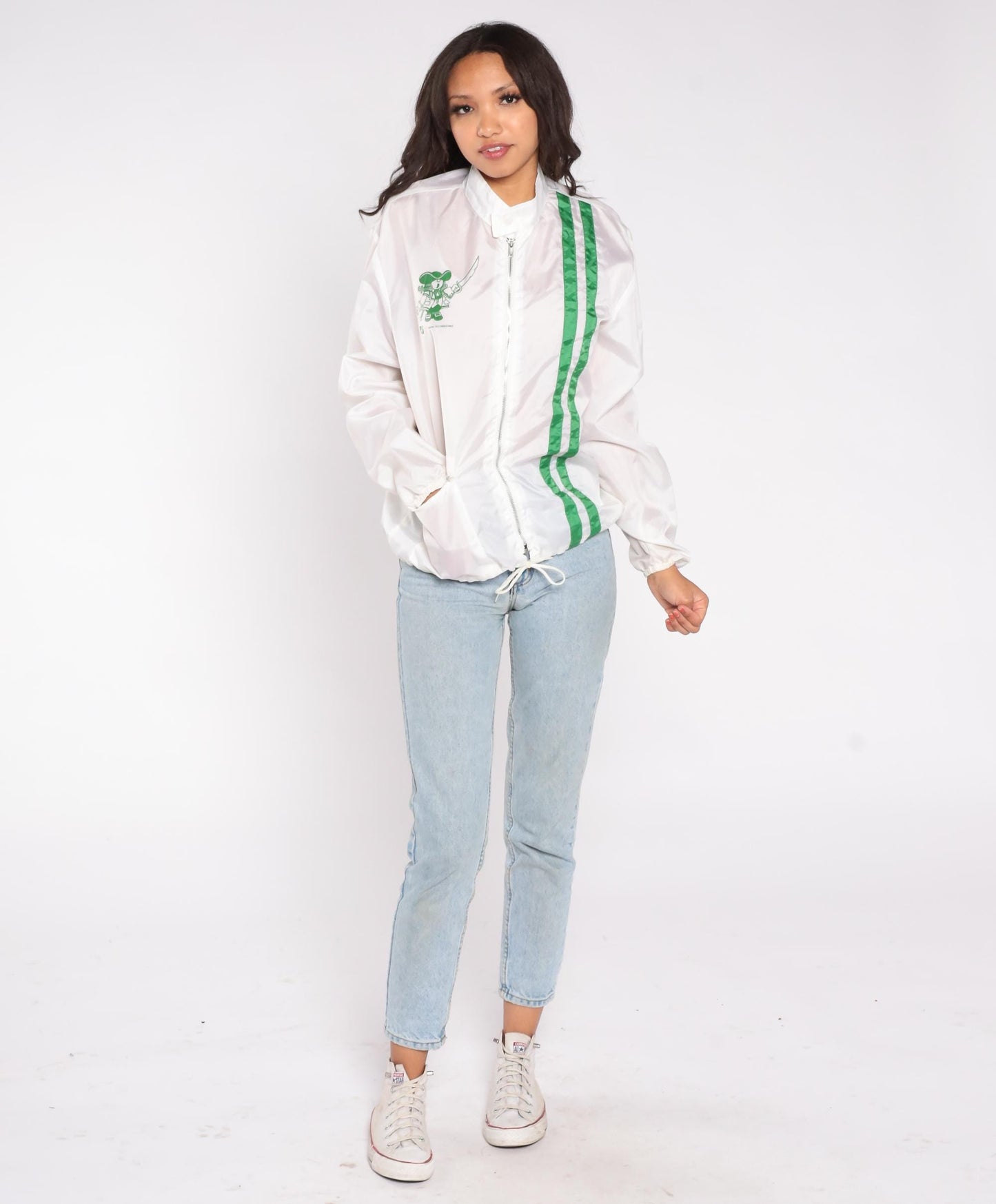 80s General Felt Industries Windbreaker Jacket White Green Stripe Pirate Logo Medium