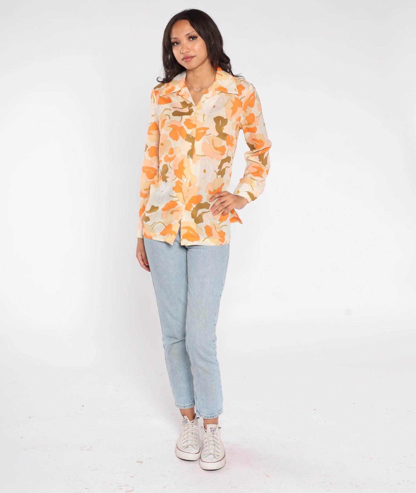 70s Alex Colman California Floral Button Blouse Orange Cream Medium