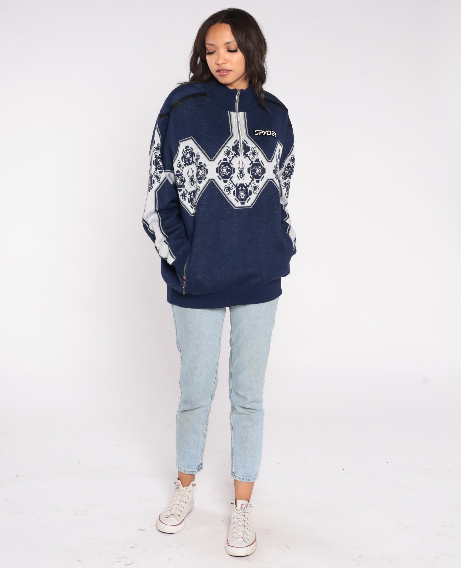 Y2K Spyder Ski Sweater Navy Blue White Geometric Half Zip Knit Extra Large XL