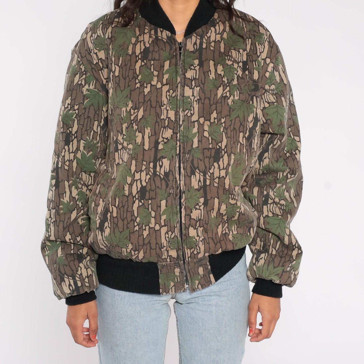 90s Camo Bomber Jacket Bark Tree Leaf Print Quilted Lined Medium