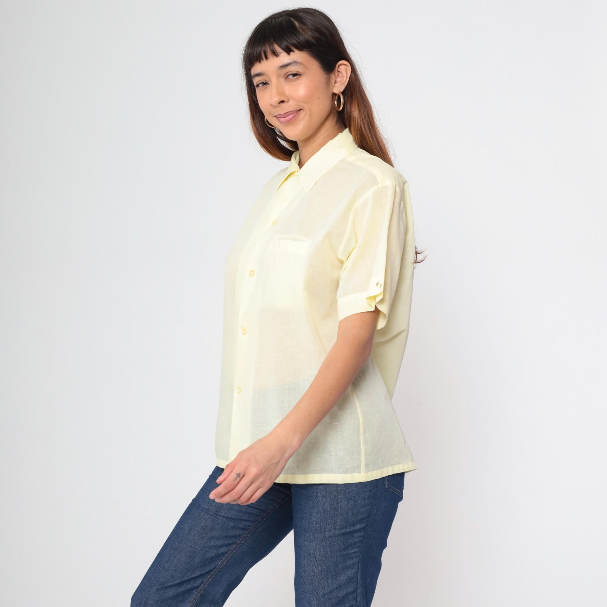 70s Yellow Dagger Collar Button-Up Shirt Short Sleeve Chest Pocket Medium M