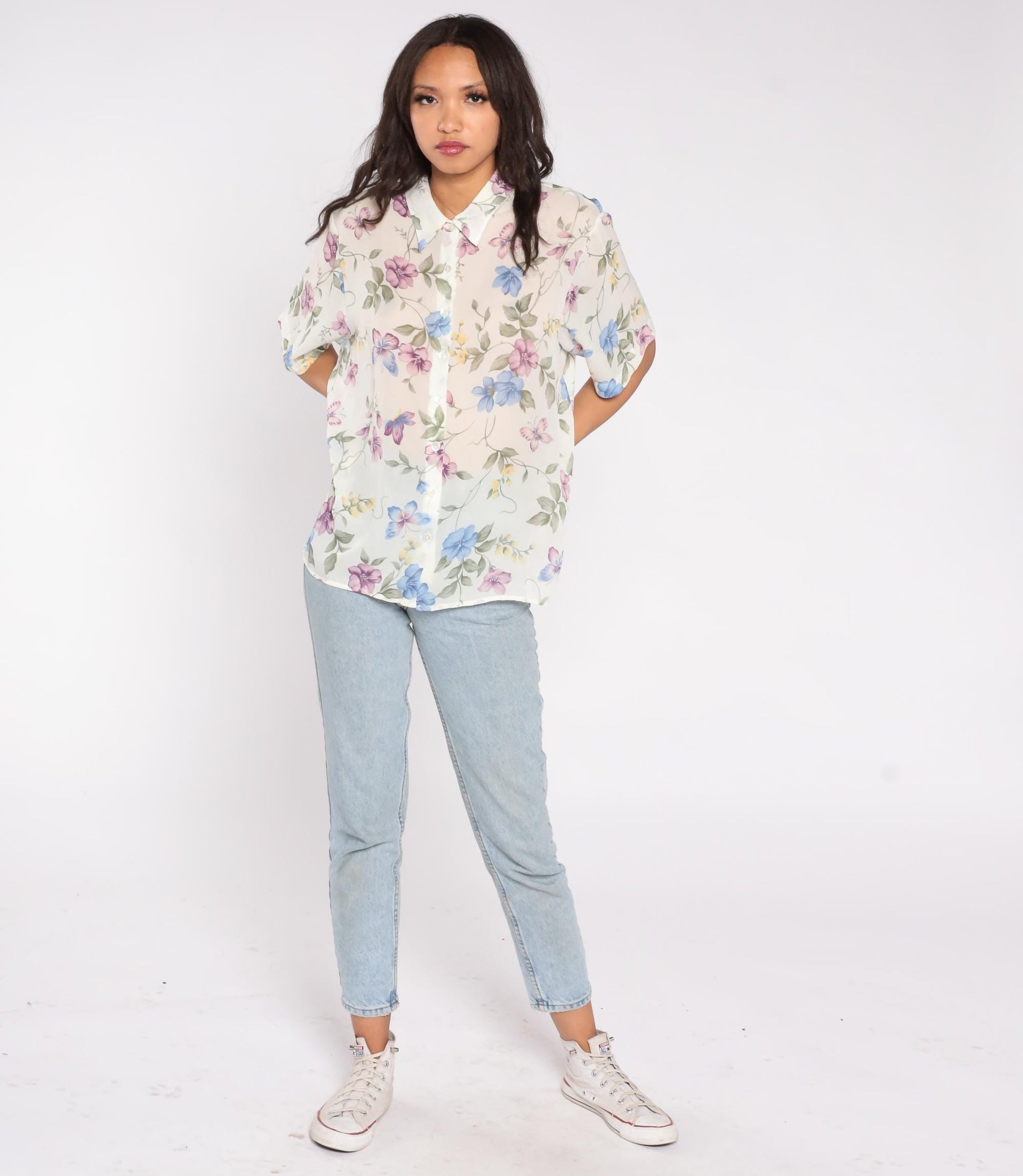 90s Bonworth Floral Button Down Blouse Cream Purple Blue Large Petite