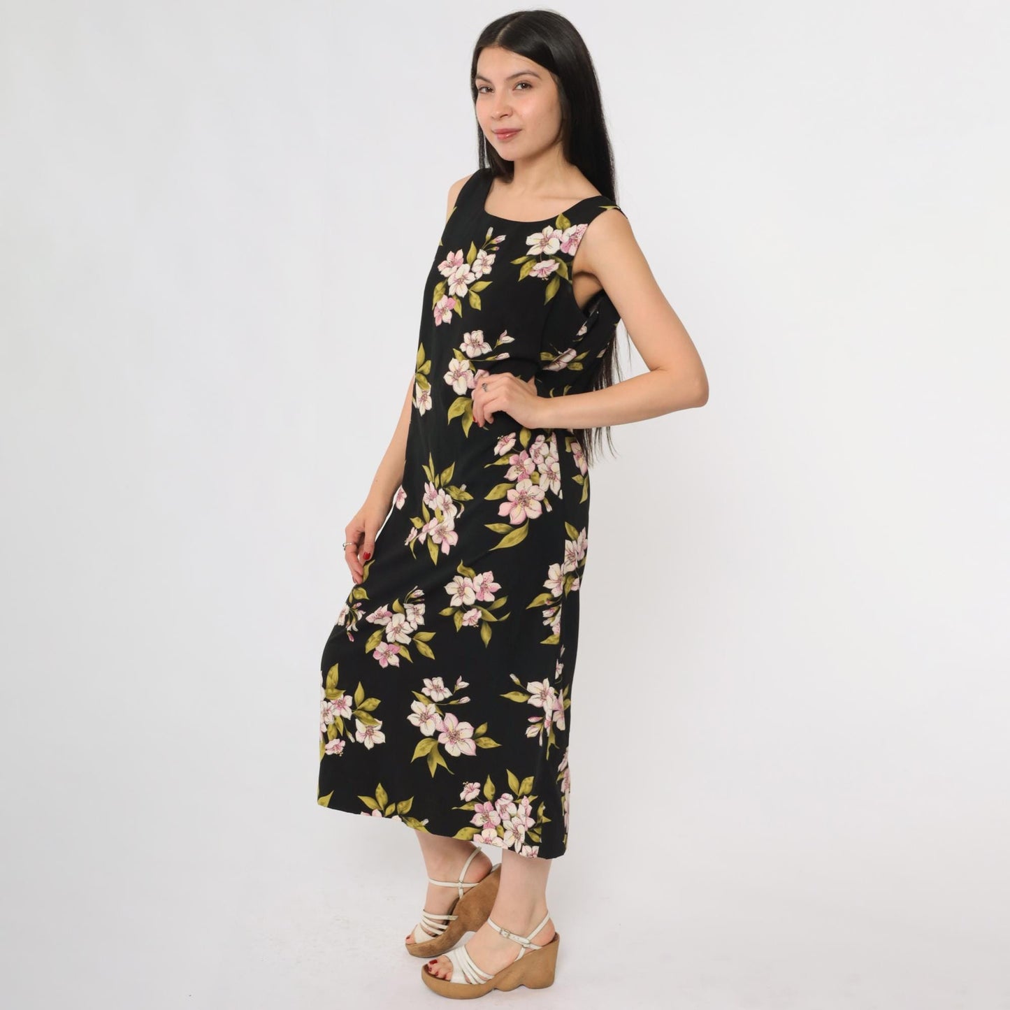 90s Studio 1 Petite Black Floral Midi Dress Lily Print Sleeveless Size 8P