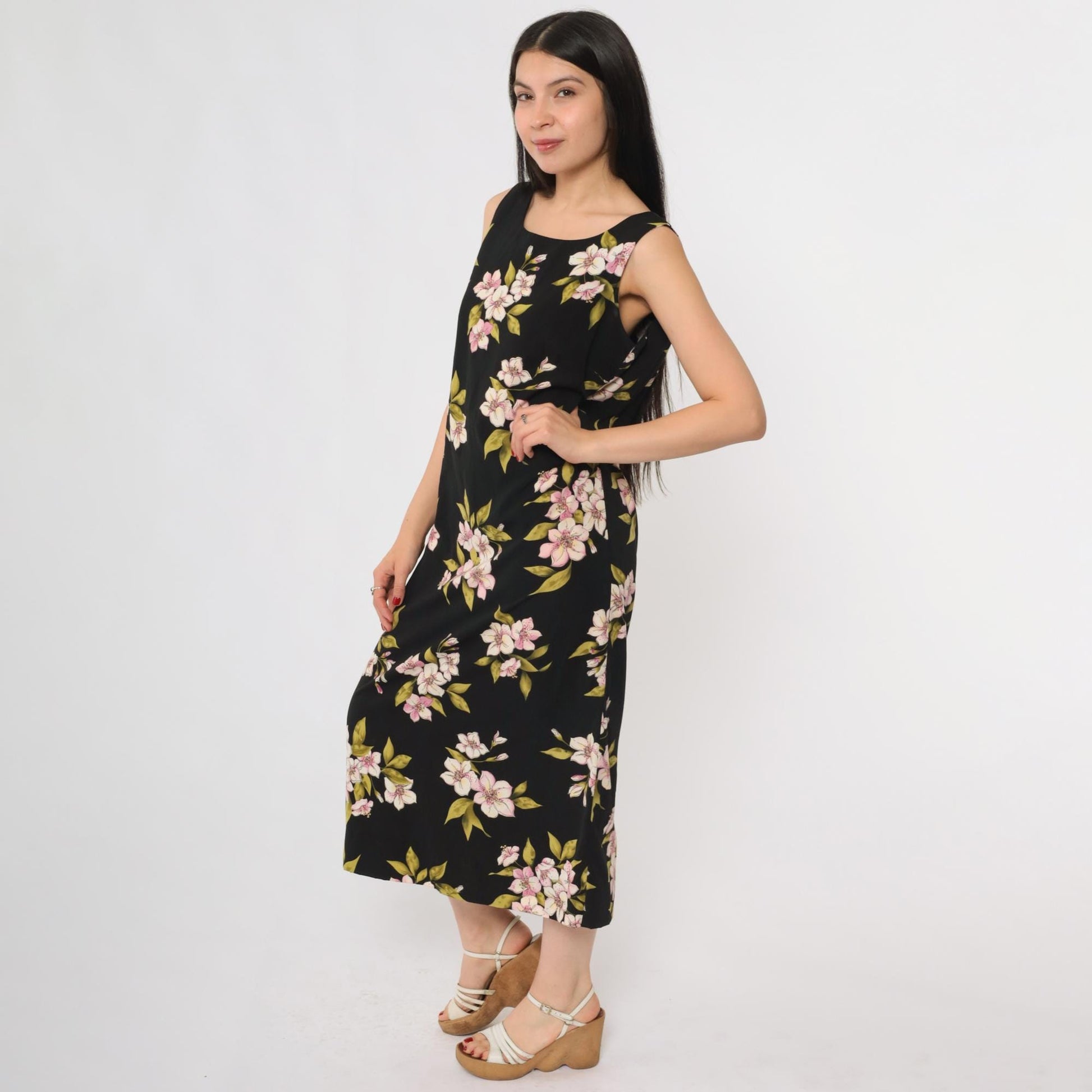 90s Studio 1 Petite Black Floral Midi Dress Lily Print Sleeveless Size 8P