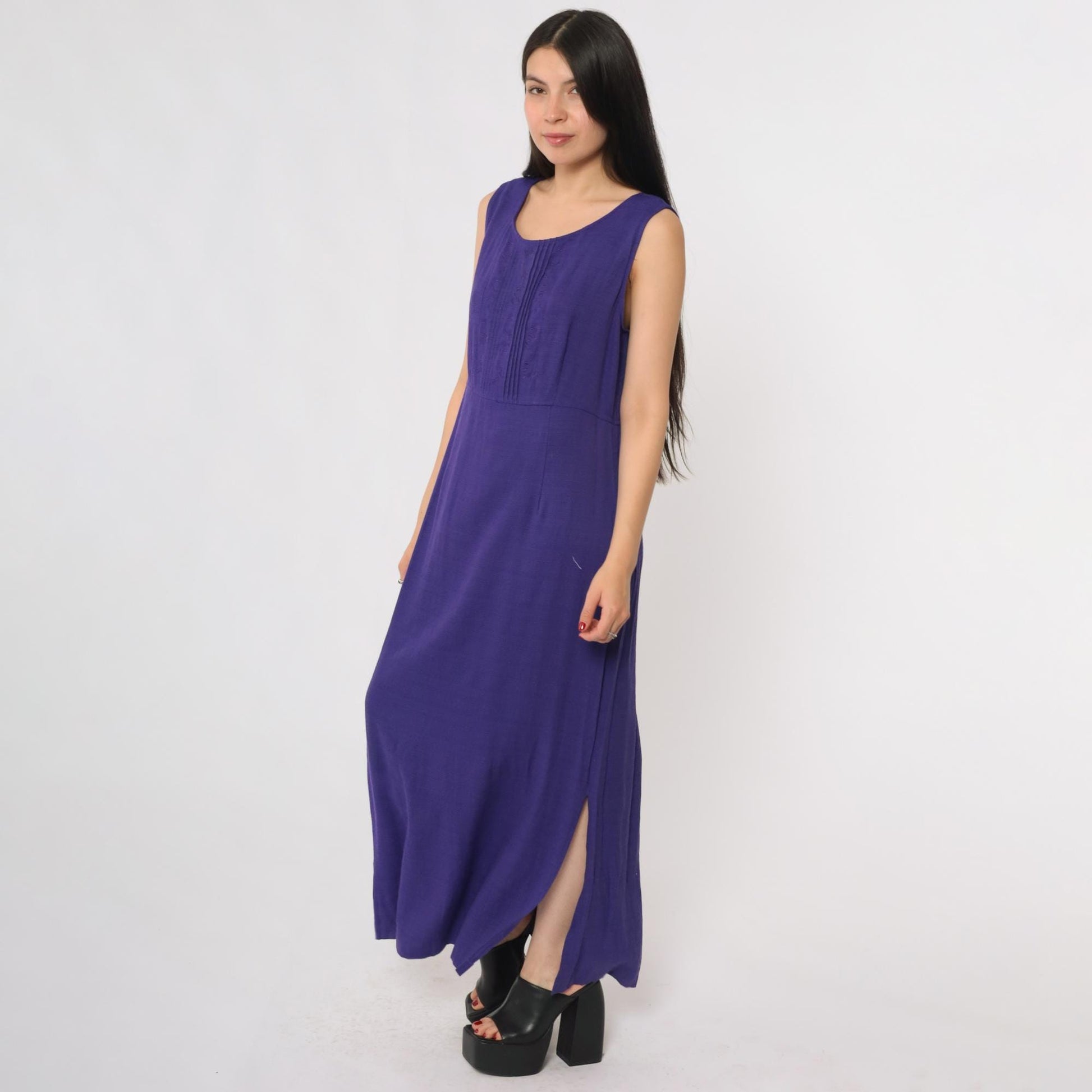 90s Karin Stevens Purple Maxi Dress Embroidered Sleeveless Large L