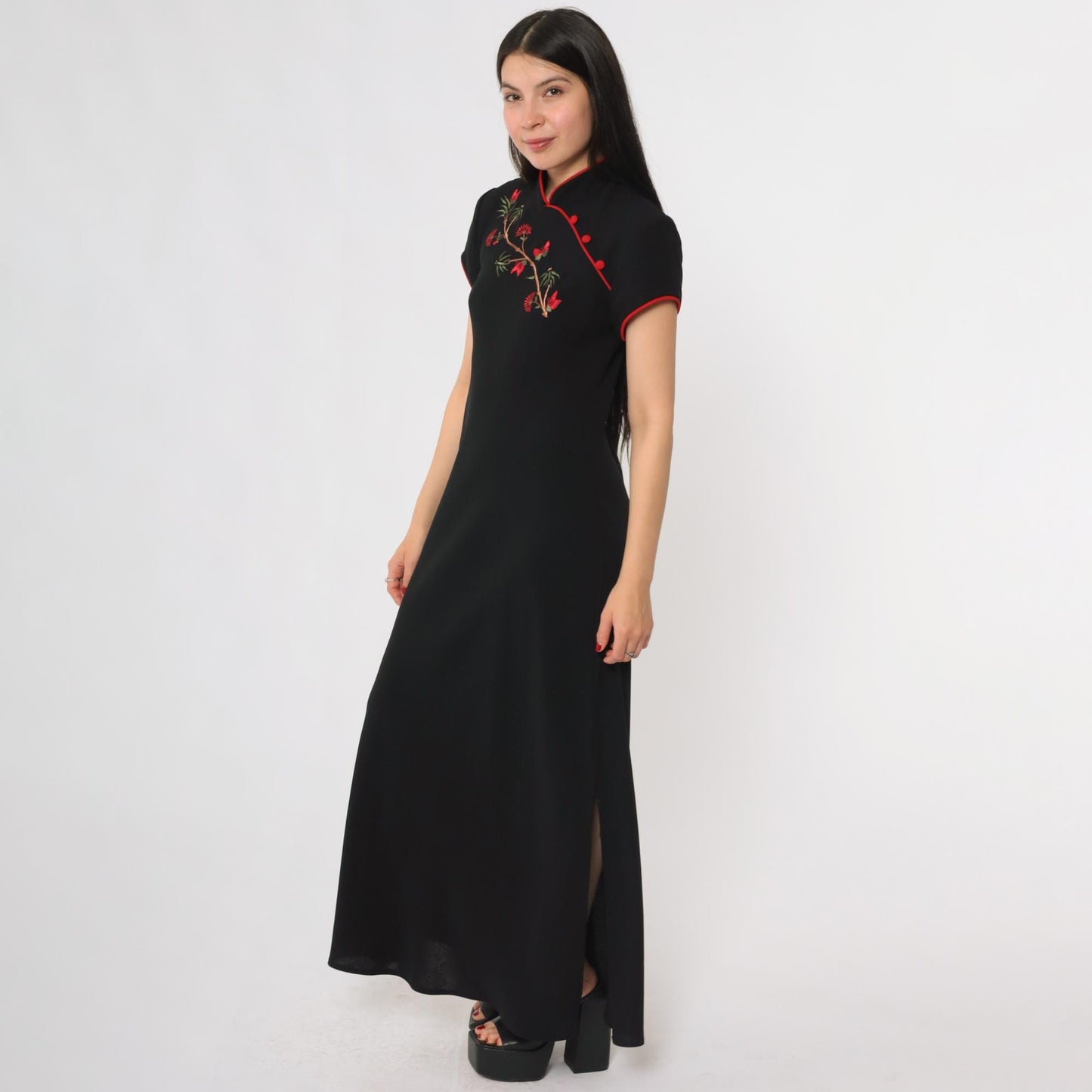 90s S.L. Fashions Black Cheongsam Maxi Dress Mandarin Collar Red Piping Medium