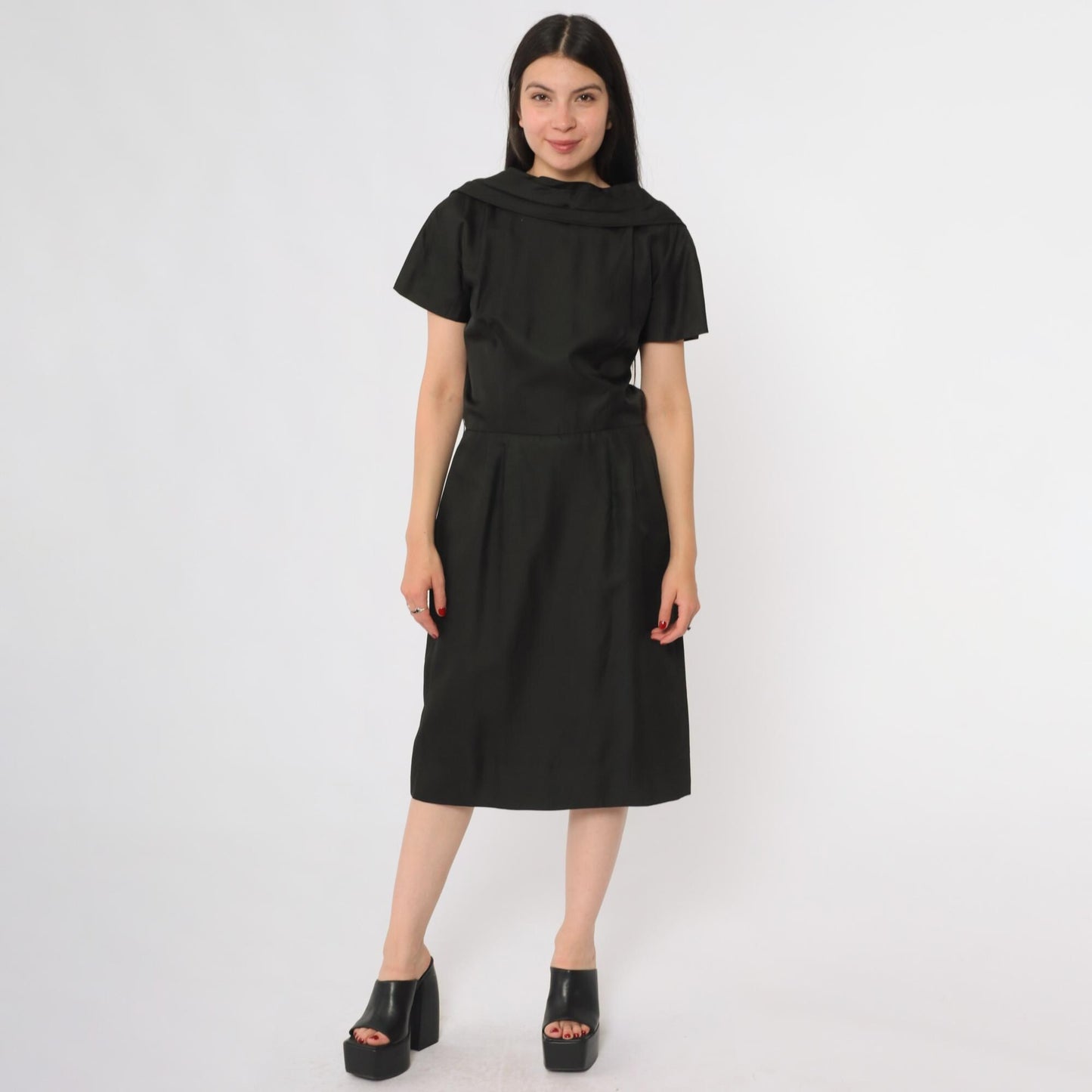60s Suzy Perette Black Cowl Neck Midi Dress Open Back Large L
