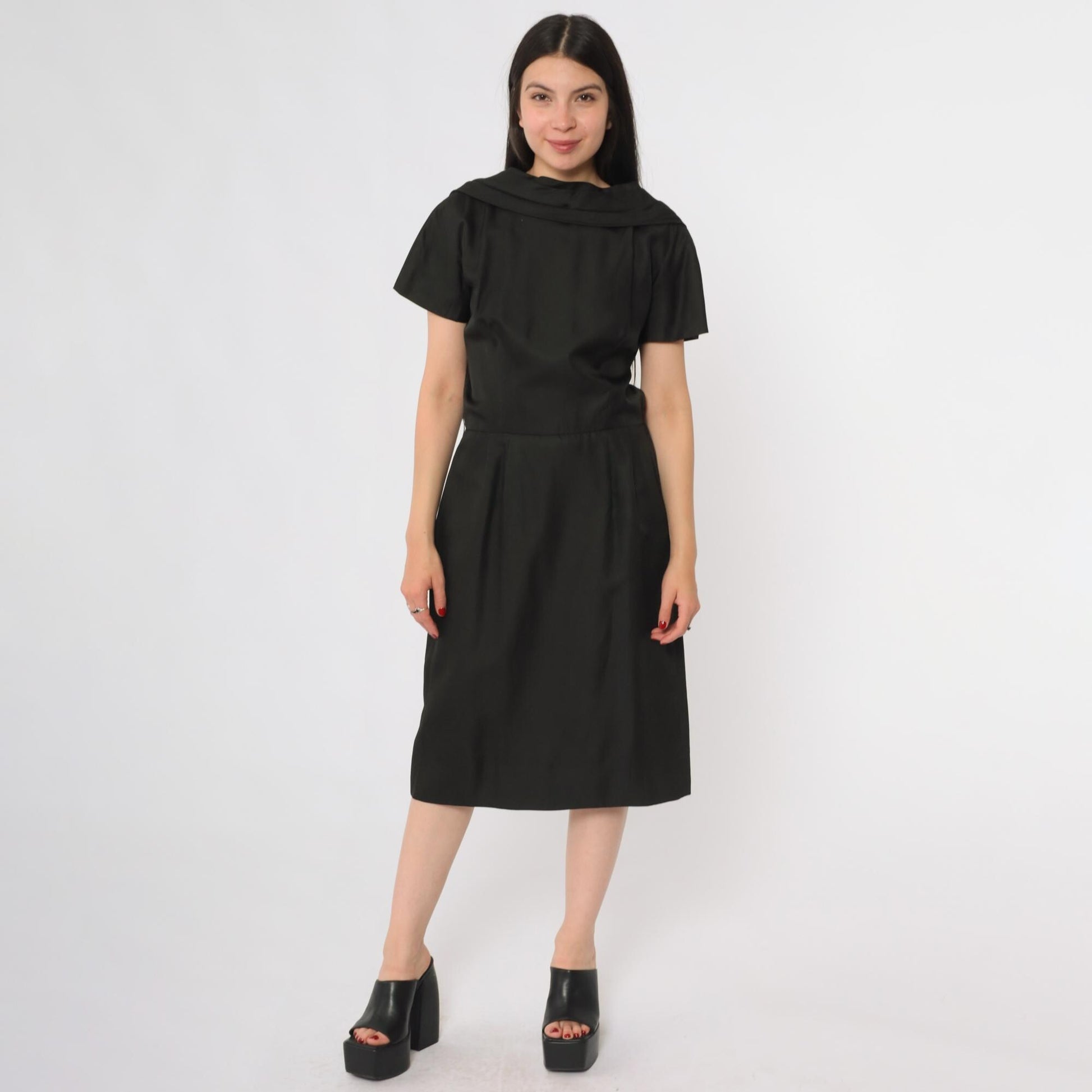 60s Suzy Perette Black Cowl Neck Midi Dress Open Back Large L