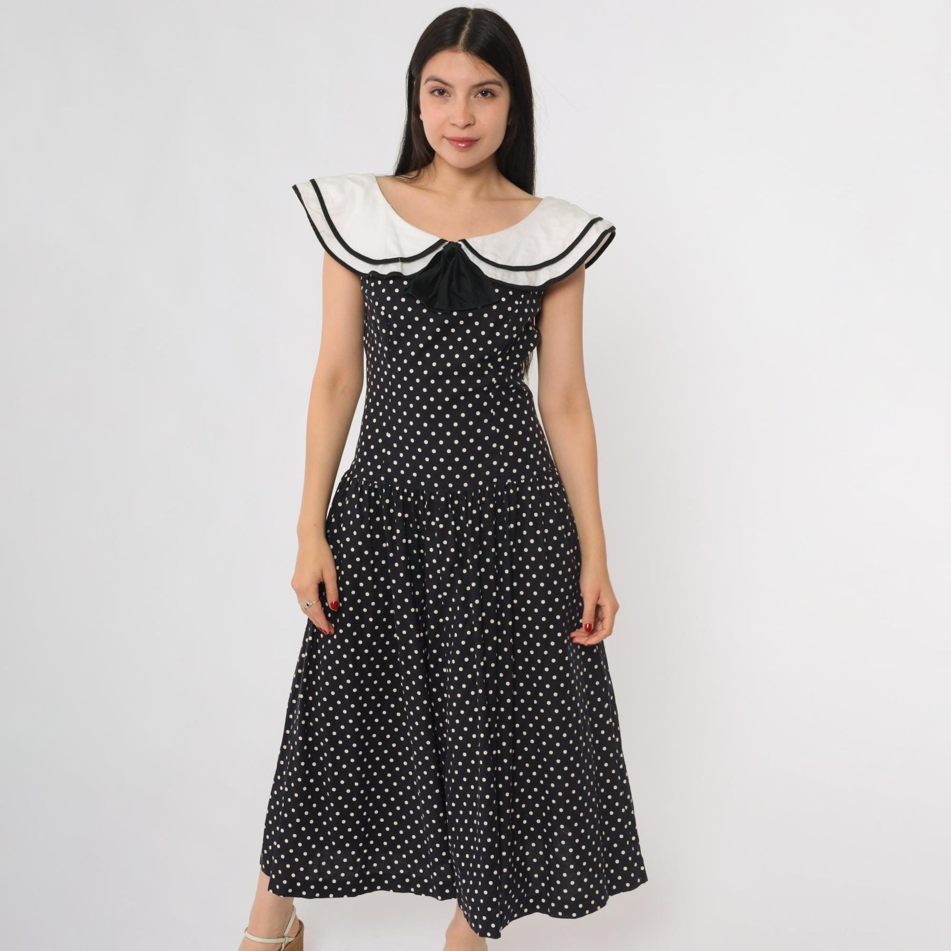 80s Lanz Originals Black White Polka Dot Midi Dress Peter Pan Collar Small