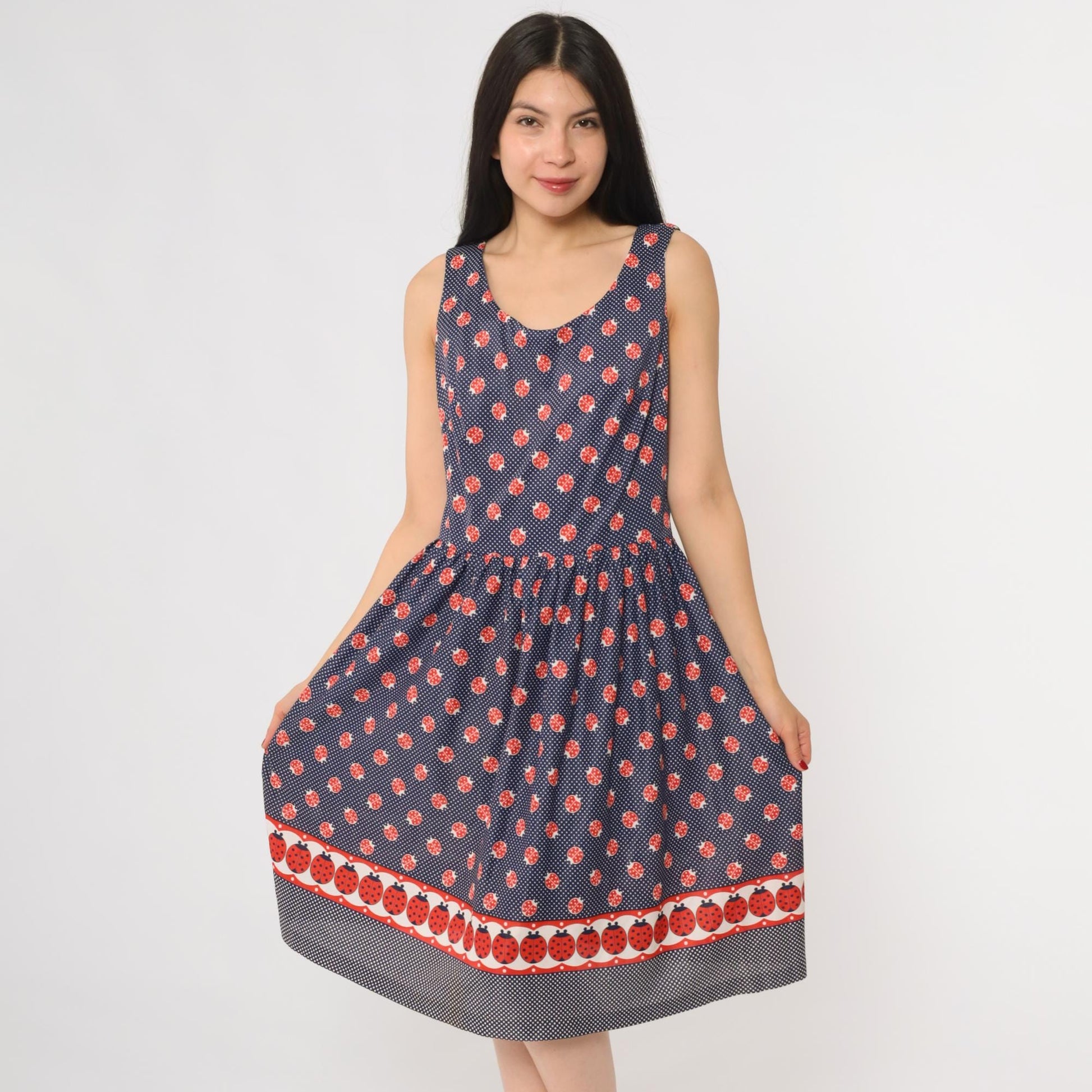 60s Navy Ladybug Polka Dot A-Line Dress Sleeveless Scoop Neck Medium