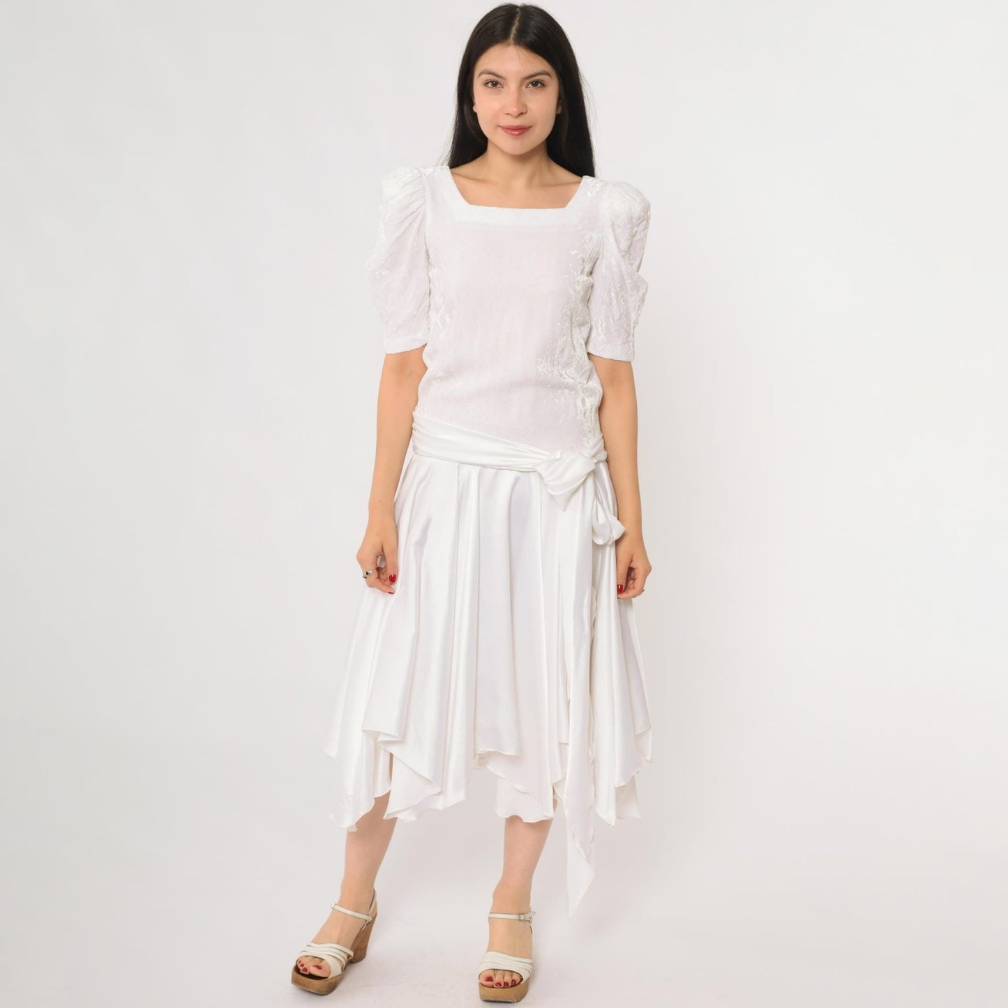 80s White Puff Sleeve Dress Square Neck Wrap Bodice Handkerchief Hem Extra Small XS