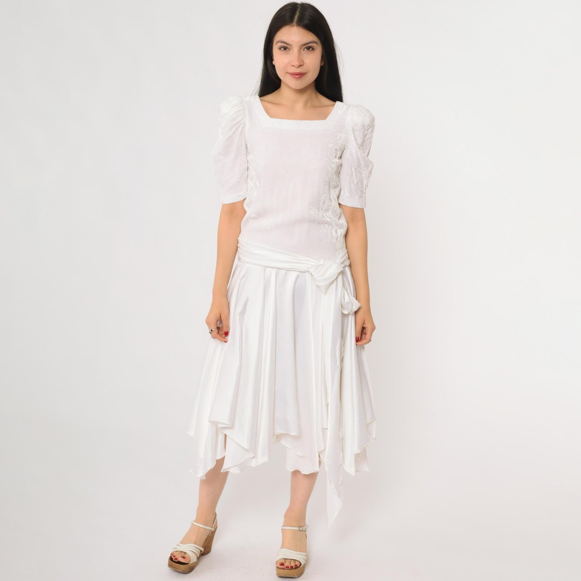 80s White Puff Sleeve Dress Square Neck Wrap Bodice Handkerchief Hem Extra Small XS