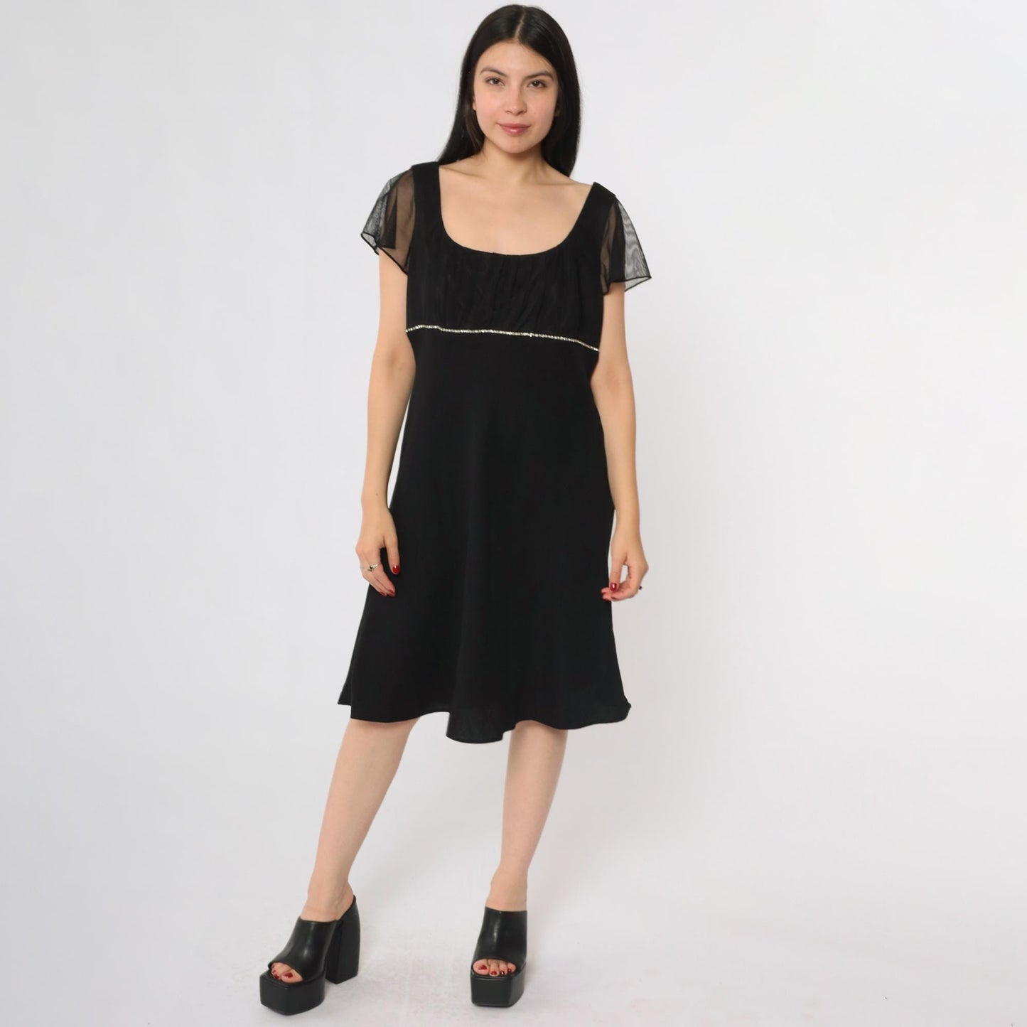 Y2K Black Party Dress Square Neck Rhinestone Waist Mesh Overlay Midi 12 Petite