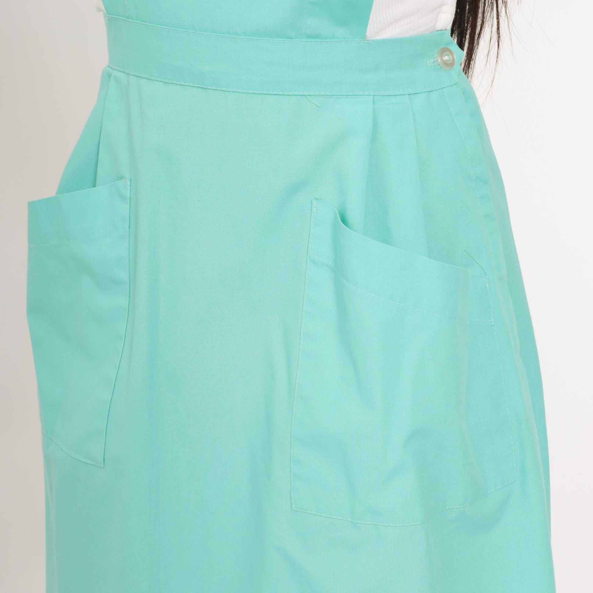 80s Turquoise Pinafore Apron Dress Square Neck Buttoned Straps Knee Length Small