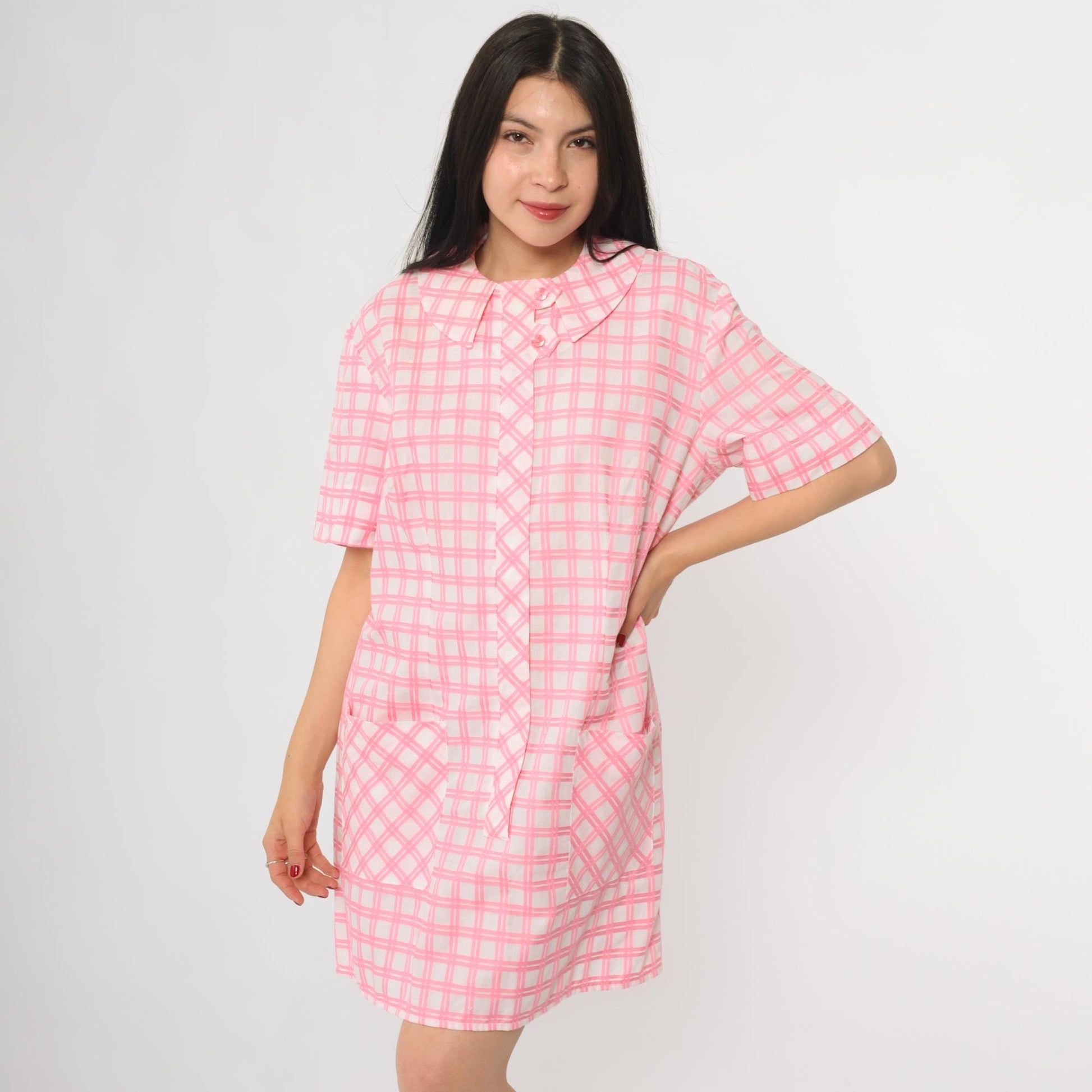1960s Pink Plaid Shift Dress Peter Pan Collar Button Front Large L