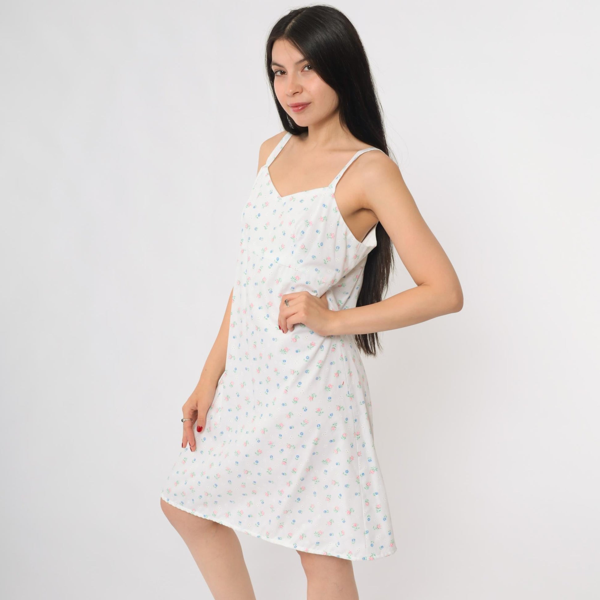 80s Floral Sundress White Pink Blue Cotton Sweetheart Neckline Small