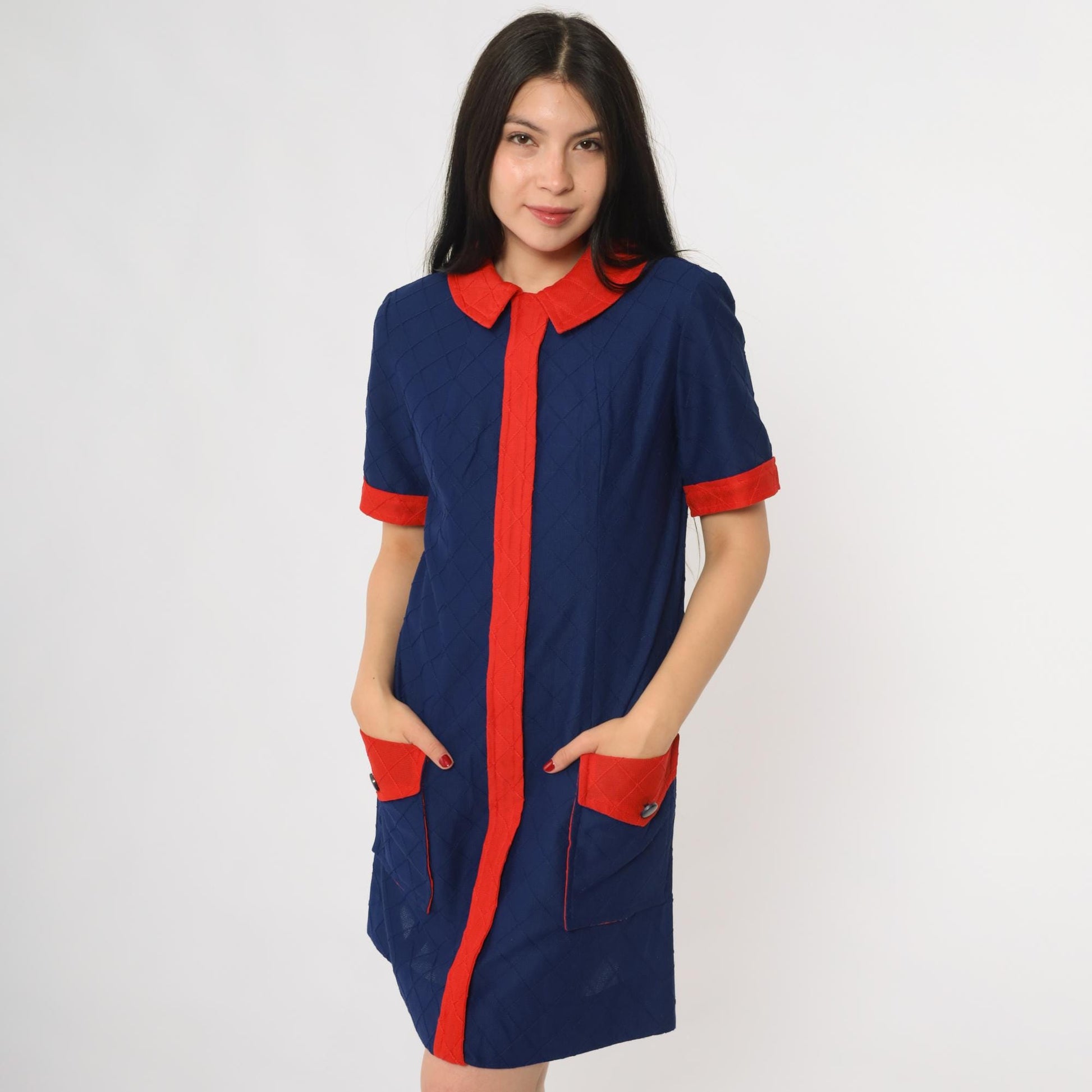 60s Mod Mini Dress Navy Red Colorblock Peter Pan Collar Shift Medium M