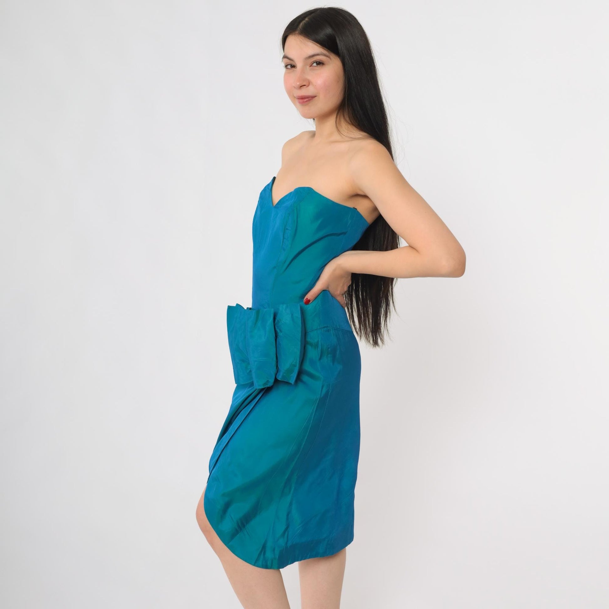 80s Niki Teal Strapless Sweetheart Bow Knee-Length Cocktail Dress Small