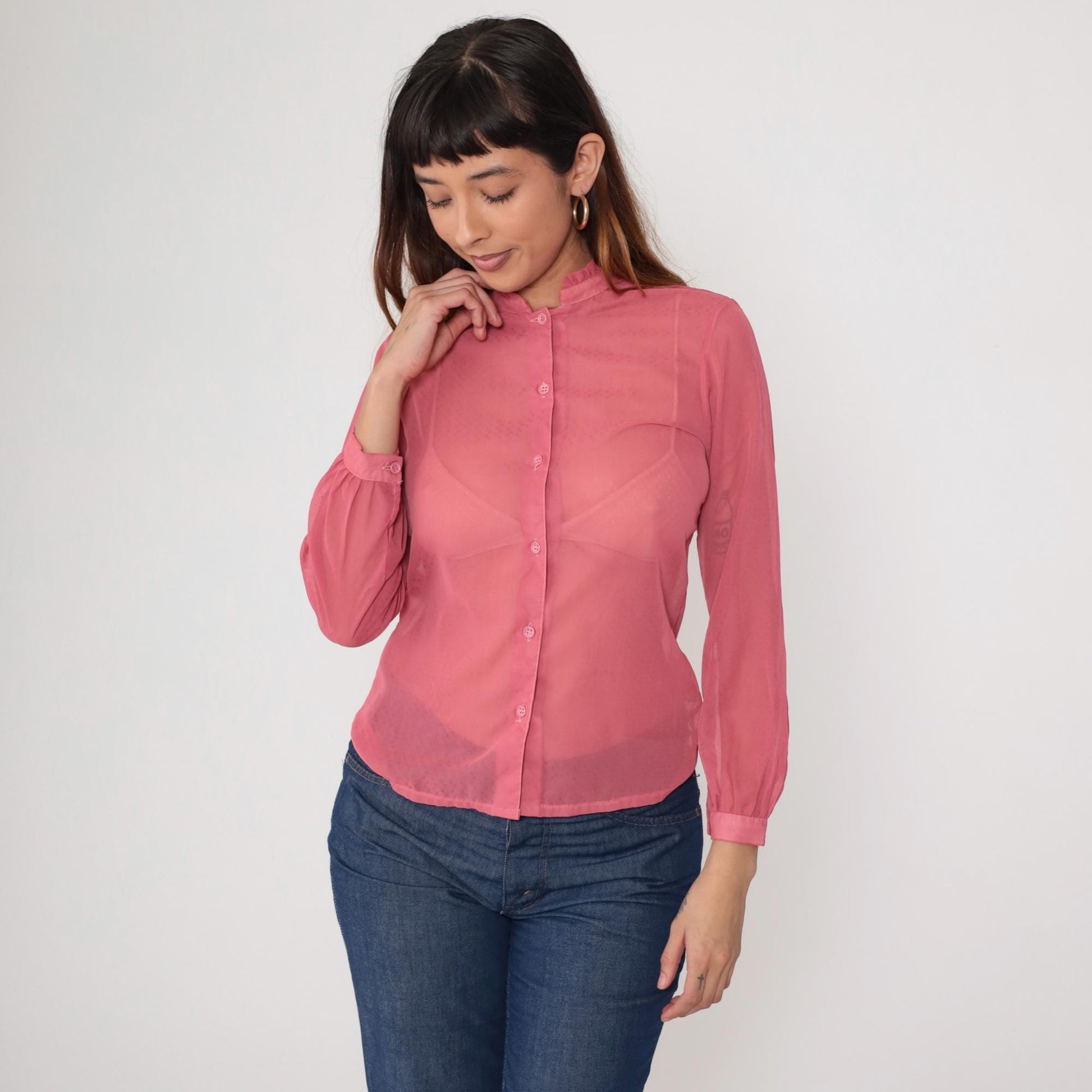 1970s Coral Pink Sheer Blouse Ruffle Collar Button Front Long Sleeve Small
