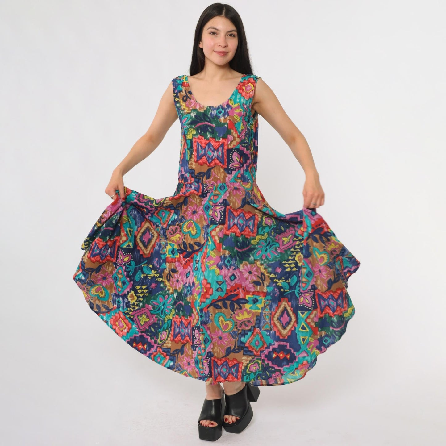 90s Phool Patchwork Maxi Dress Sleeveless Scoop Neck Abstract Print Cotton Medium M