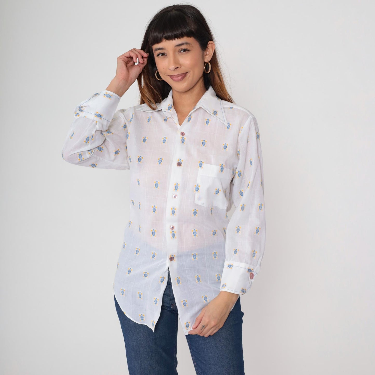 70s Lancer of California Turtle Print Button-Up Shirt White Cotton Medium