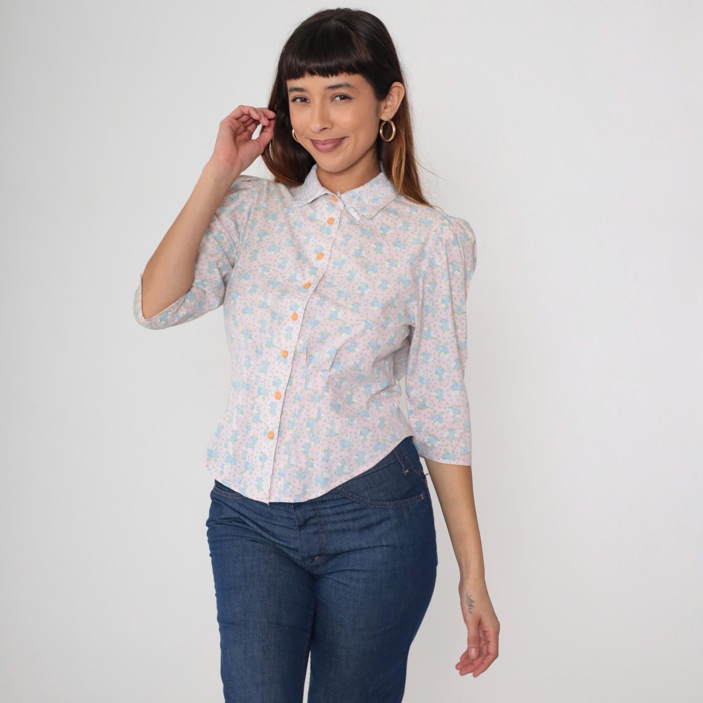80s Pink Blue Floral Puff Sleeve Blouse Button Front Three Quarter Small