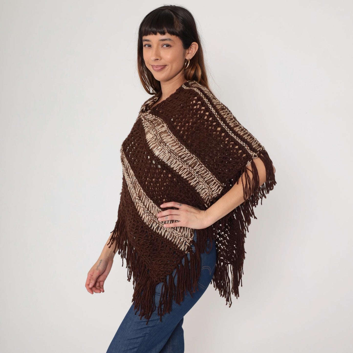1970s Brown Crochet Poncho Fringe Geometric Stripe Knit Small Medium