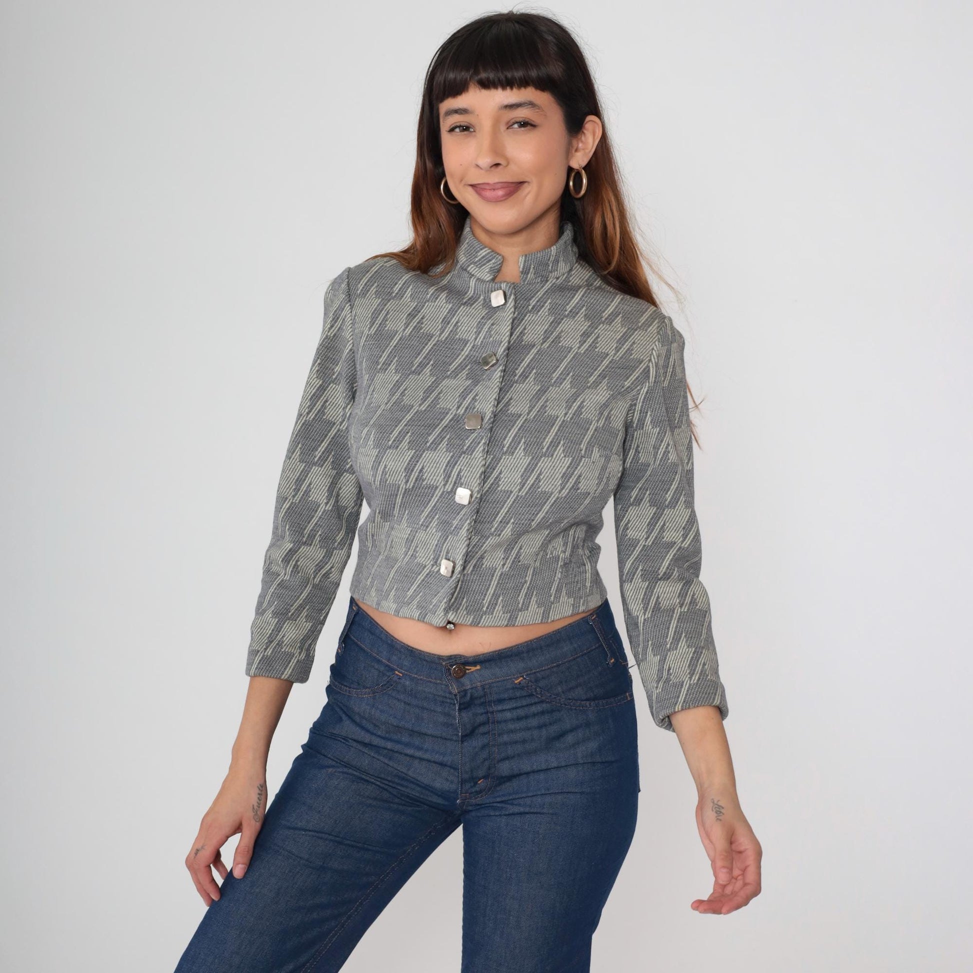 1960s Grey Houndstooth Cropped Jacket Button Front Stand Collar Small S