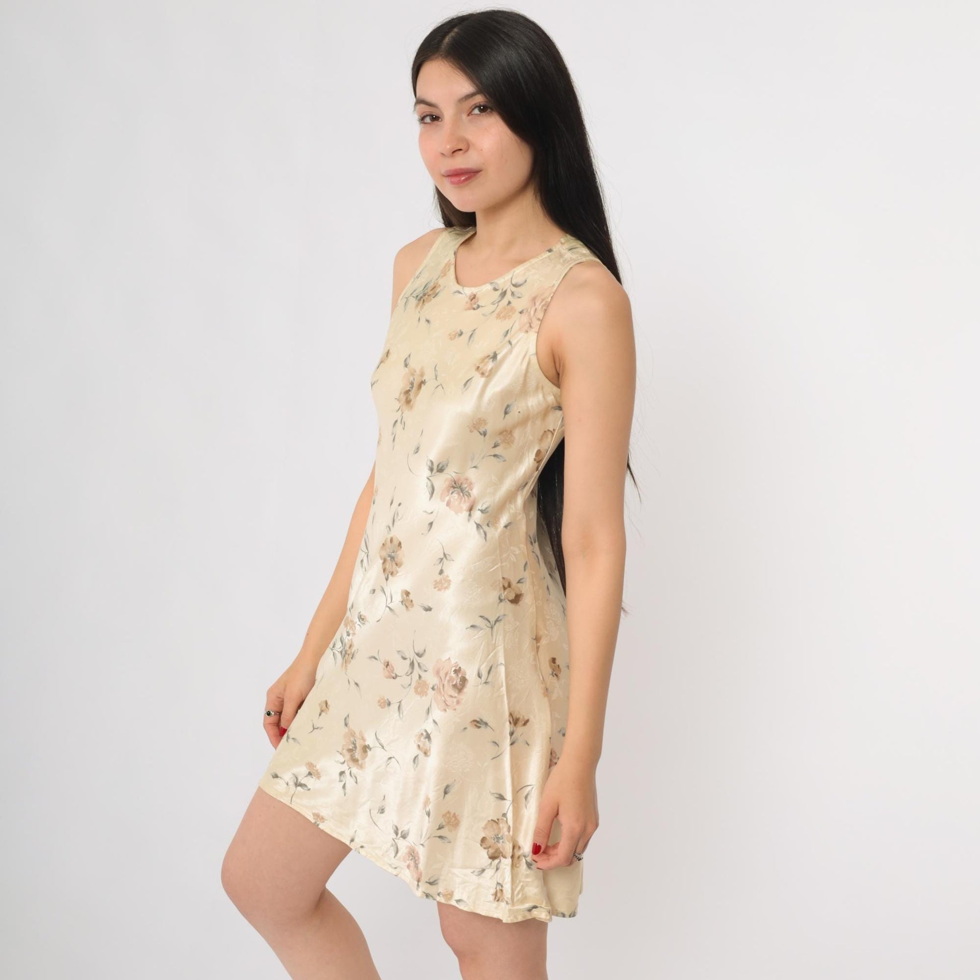 90s Breakin Loose Floral Mini Dress Cream Rose Print Sleeveless A-Line Small