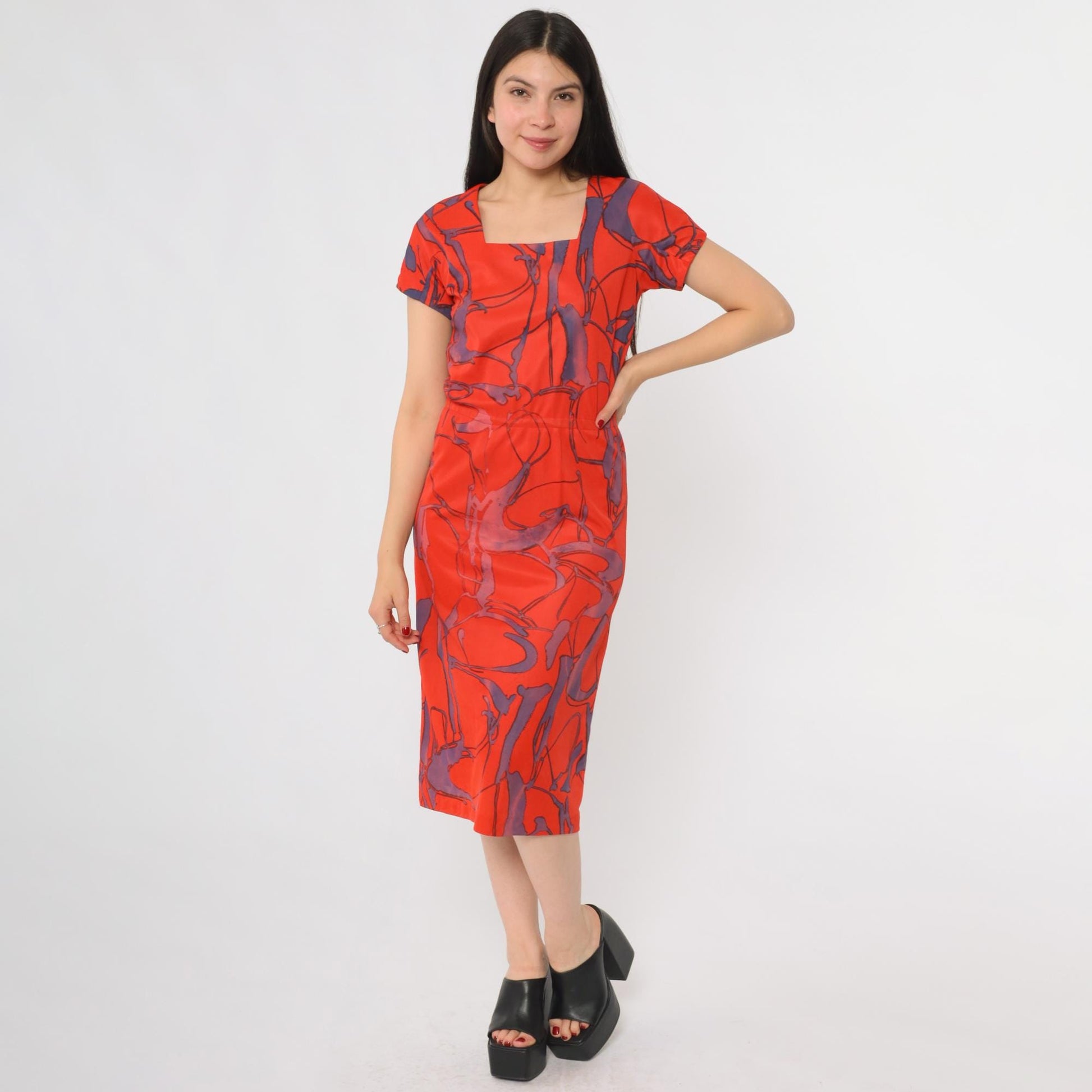 60s Abstract Geometric Dress Red Purple Square Neck A-Line Small