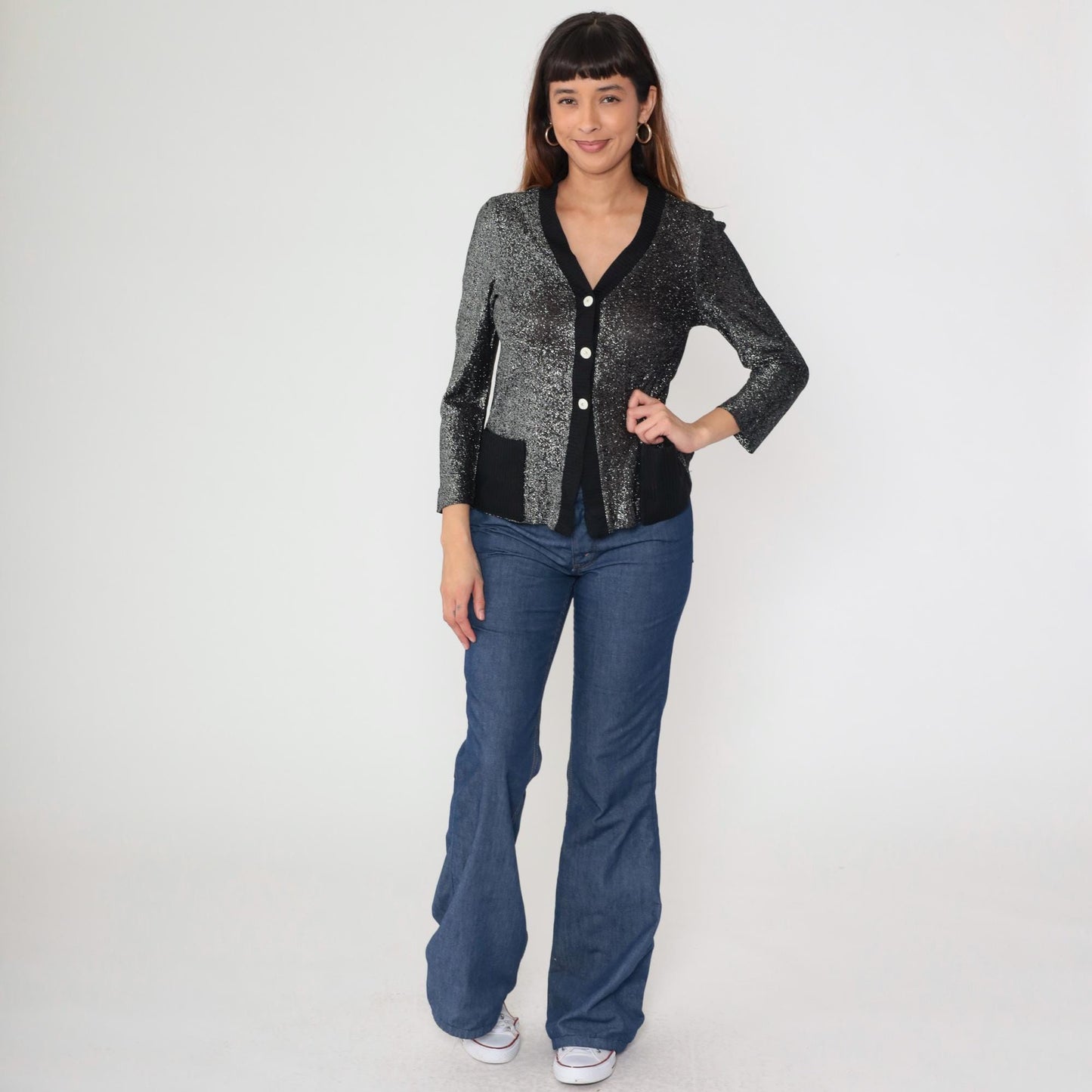 70s Black Silver Lurex Cardigan Deep V Button Front Metallic Knit Medium