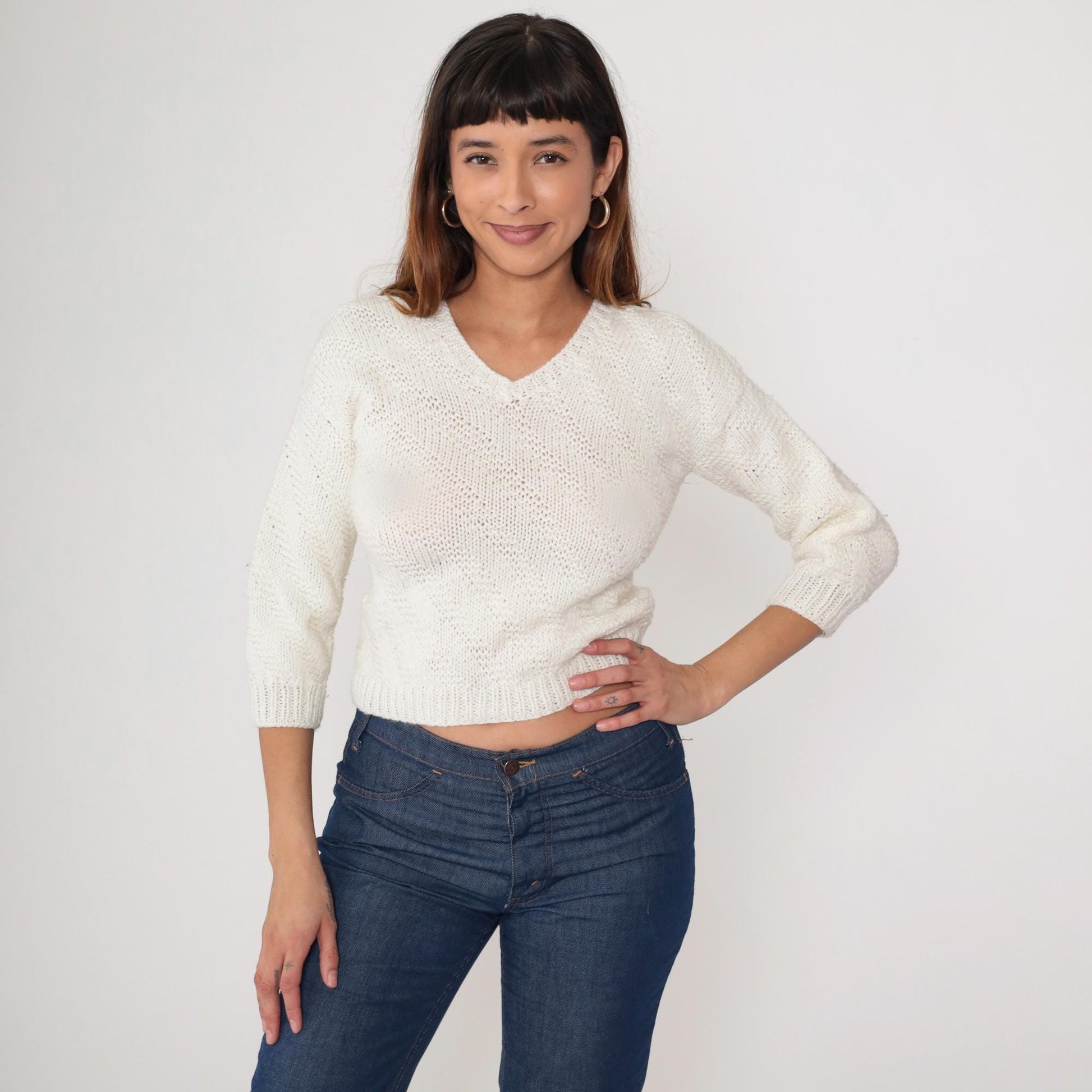 80s Cream V-Neck Cropped Sweater Three-Quarter Sleeve Knit Extra Small XS