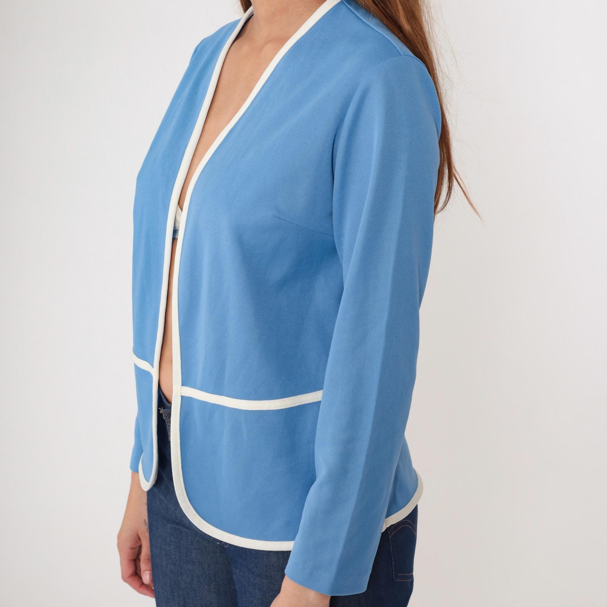 70s Lady Blair Blue Jacket White Piping Open Front Long Sleeve Medium