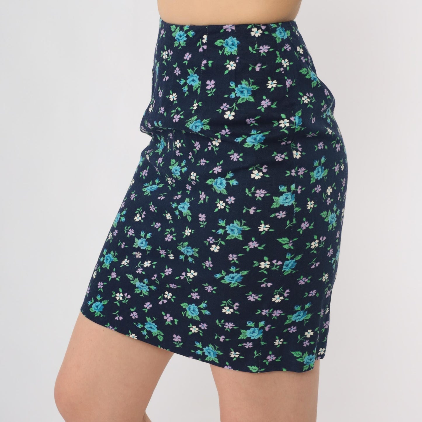 60s Navy Ditsy Floral Mini Skirt High Waist Straight Cut Cotton Blend Extra Small XS