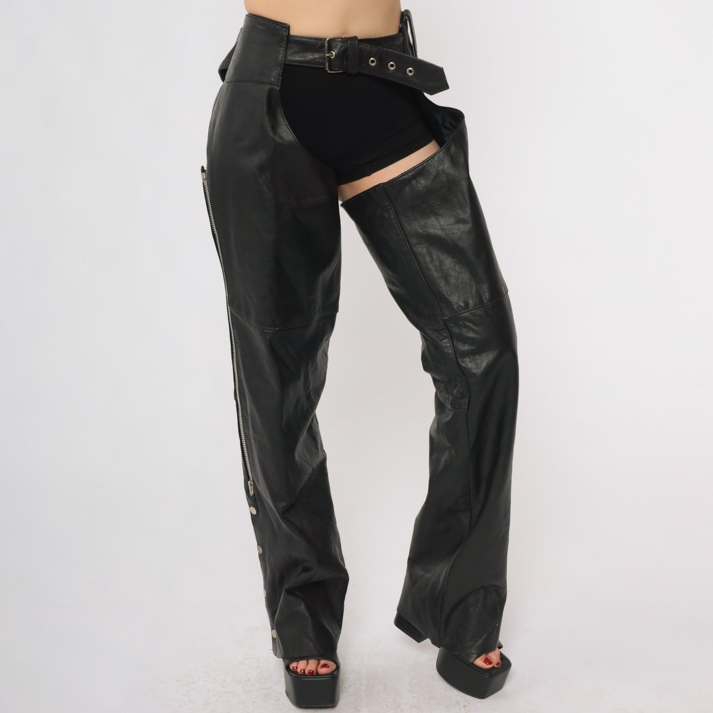 90s Xelement Black Leather Chaps Motorcycle Gear Buckle Lace-Up Large L