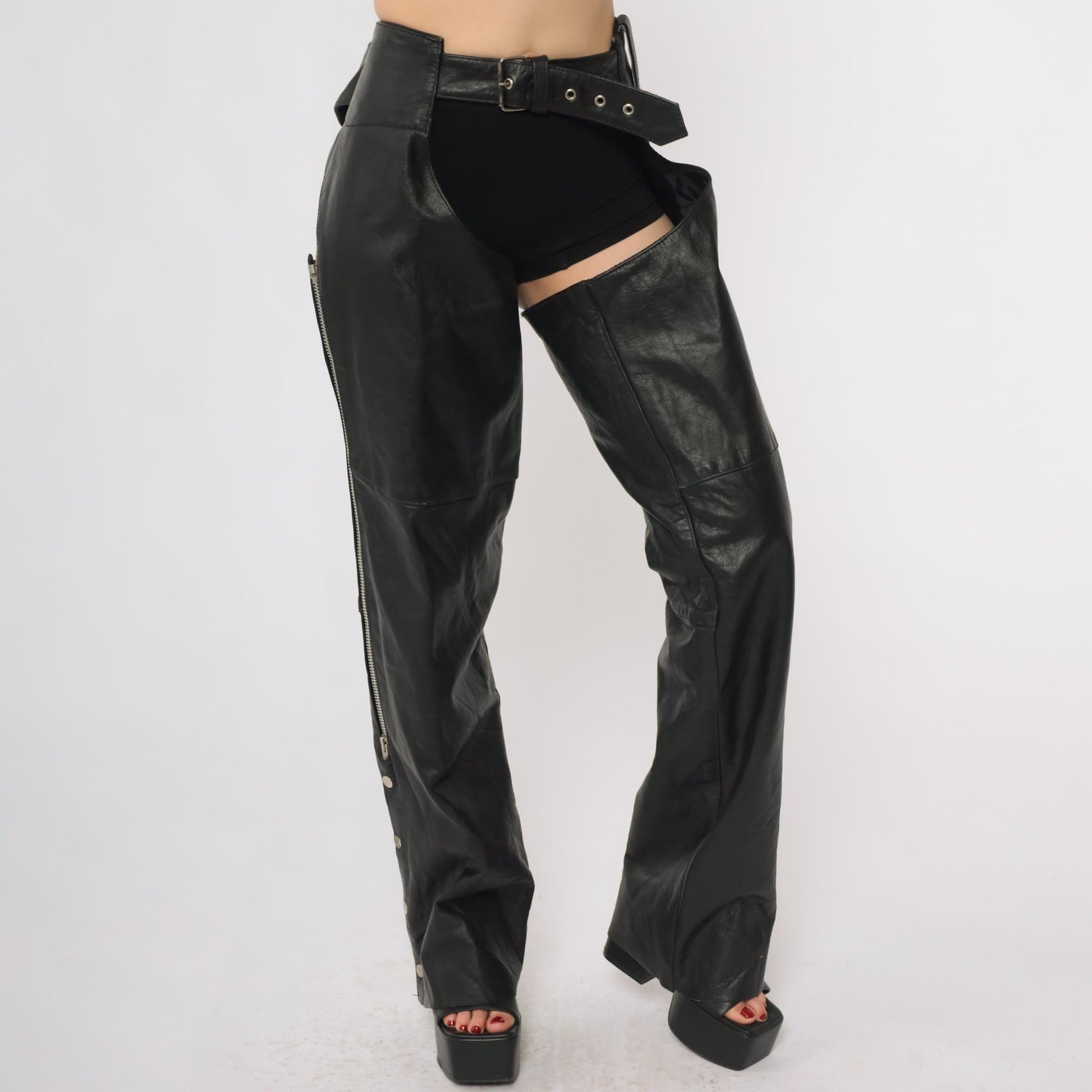 90s Xelement Black Leather Chaps Motorcycle Gear Buckle Lace-Up Large L