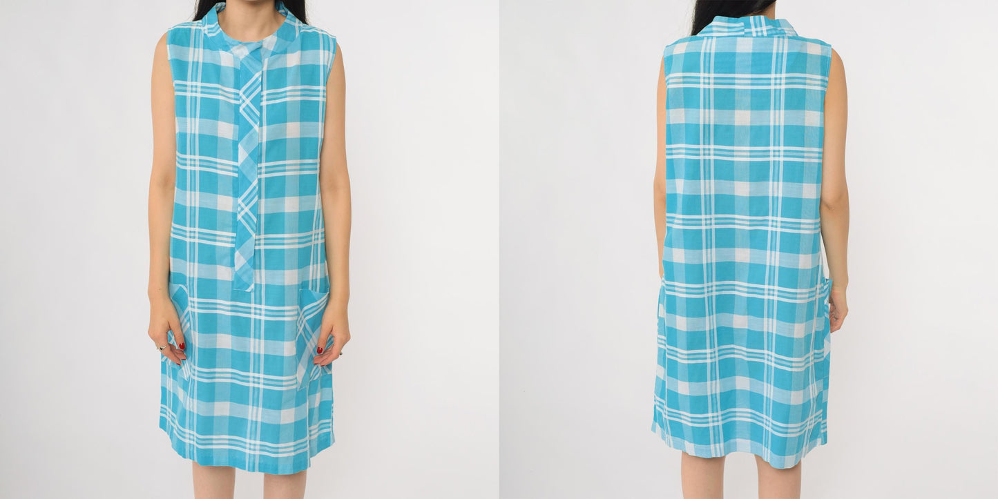 60s Carol Brent Plaid Shift Dress Aqua Blue White A-Line Large L