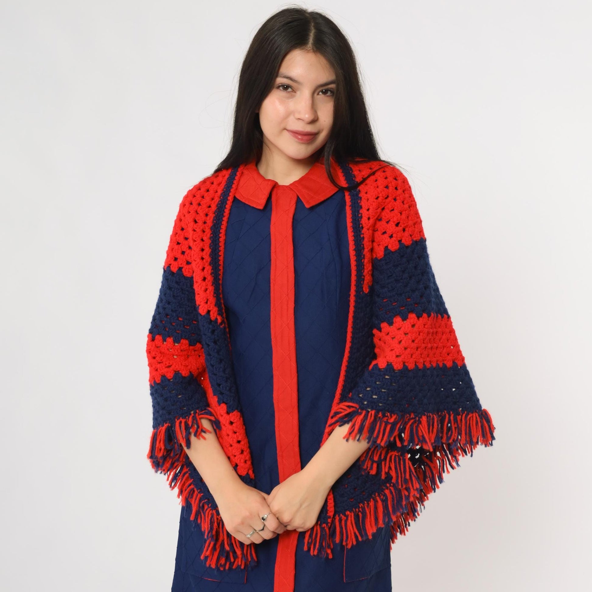 70s Crochet Shawl Red Navy Granny Square Triangle Poncho Fringe One Size