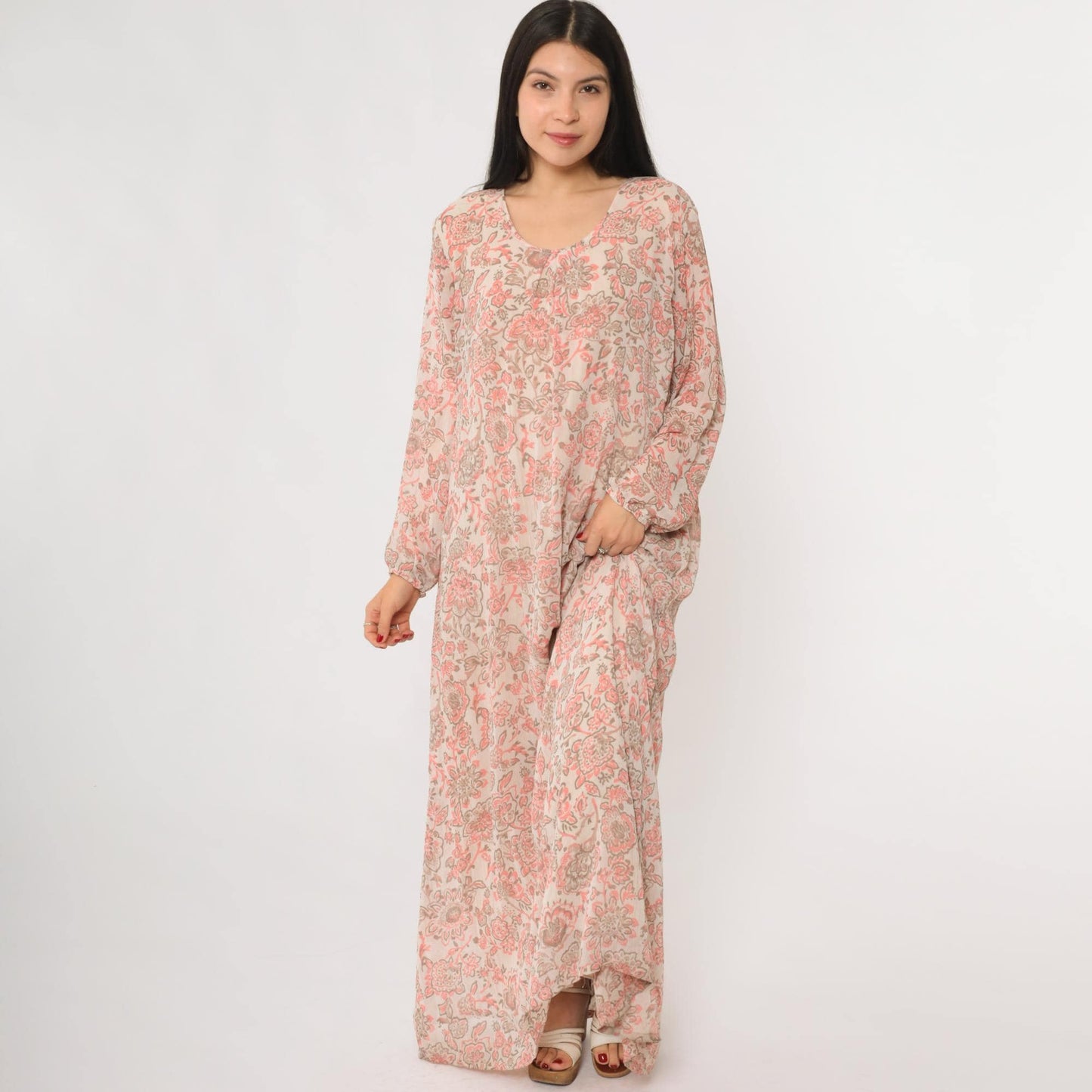 70s Paisley Floral Maxi Dress Pink Brown Long Sleeve Caftan V-Neck Medium Large