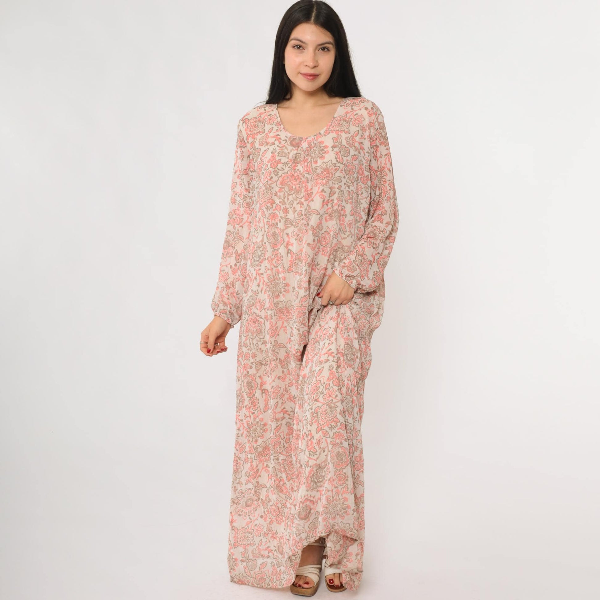 70s Paisley Floral Maxi Dress Pink Brown Long Sleeve Caftan V-Neck Medium Large