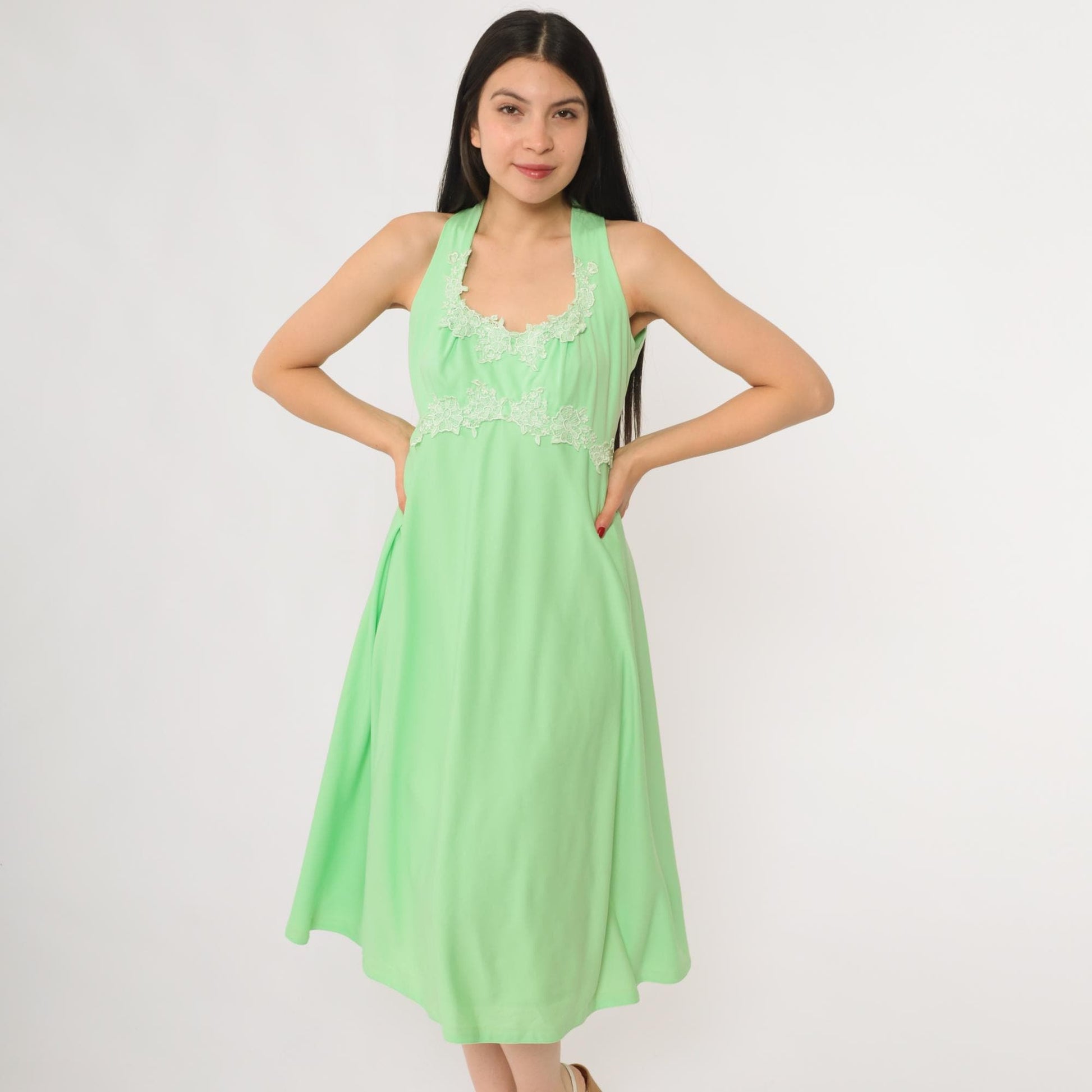 70s Green Halter Midi Dress Floral Lace Trim Sleeveless Summer Medium