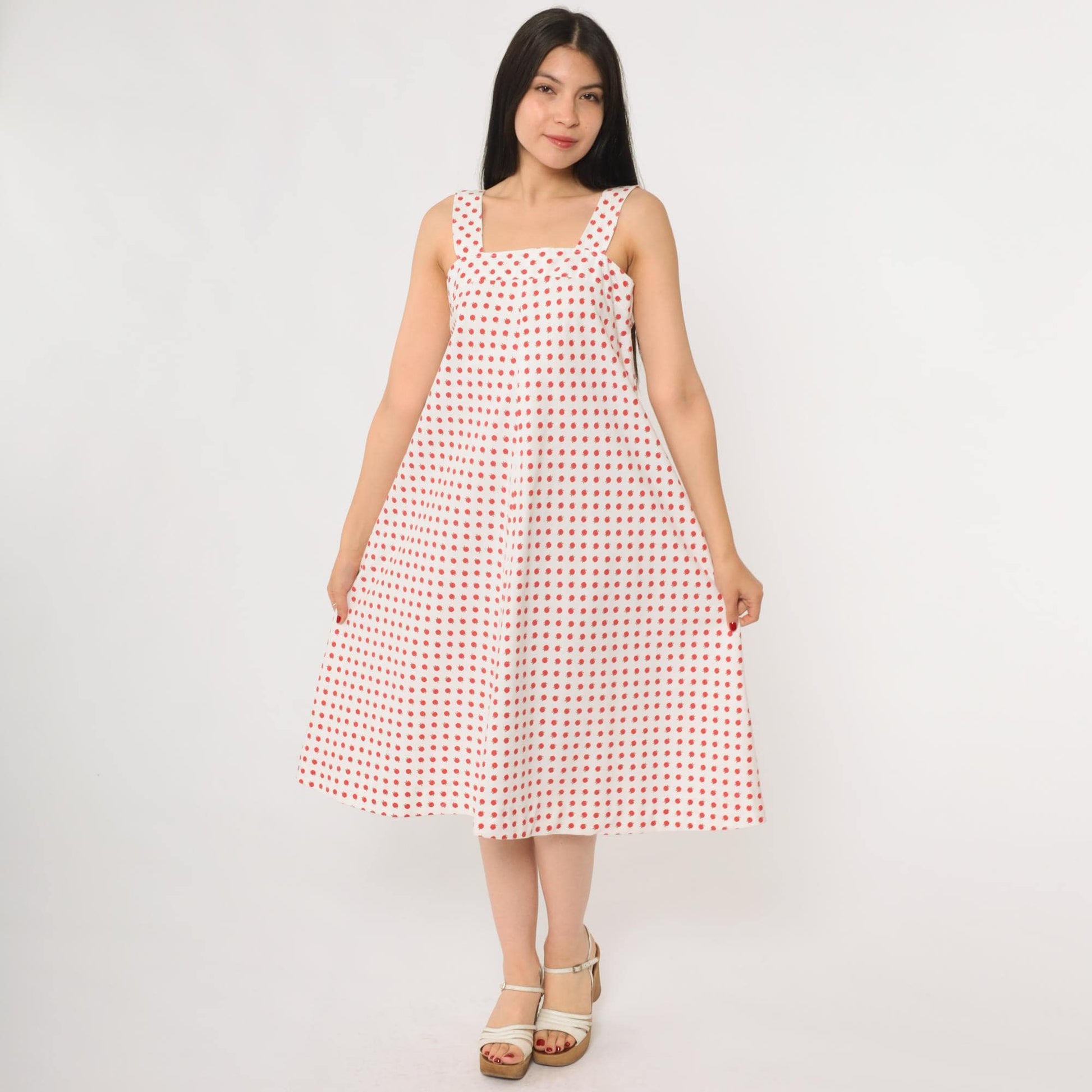 70s Apple Print Midi Dress White Red Novelty Fruit Sundress Small